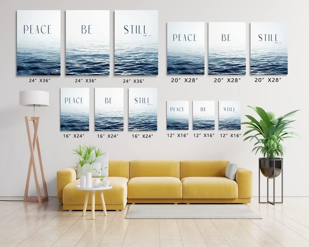 SKYSUKEY SKYSUKEY Modern Blue Ocean Canvas Wall Art Christians Wall Art Scripture Wall Decor \"Peace! Be Still! Mark 4:39\" Inspirational Bible Verse Wall Art Calmful Pictures Calm Sea Canvas Prints Seascape Canvas Prints Framed,Set 3,24\"x36\"