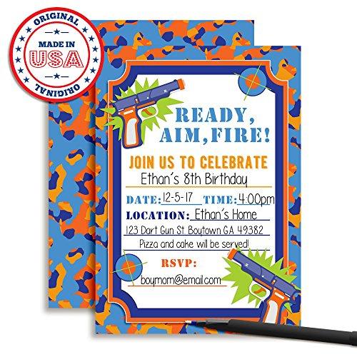 Amanda Creation Dart Gun Birthday Party Invitations, 20 5\"x7\" Fill In Cards with Twenty White Envelopes by AmandaCreation