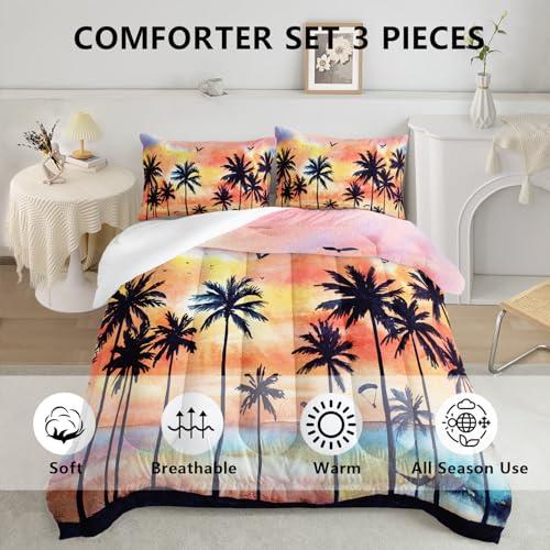 Axolotl Axolotl Beach Ocean Comforter Set Full,Coastal Beach Themed Bedding Set with Palm Trees Parachute for Girls Boys Kids Teens Adults Bedroom Decor,1 Hawaiian Comforter and 2 Pillowcases,Rainbow