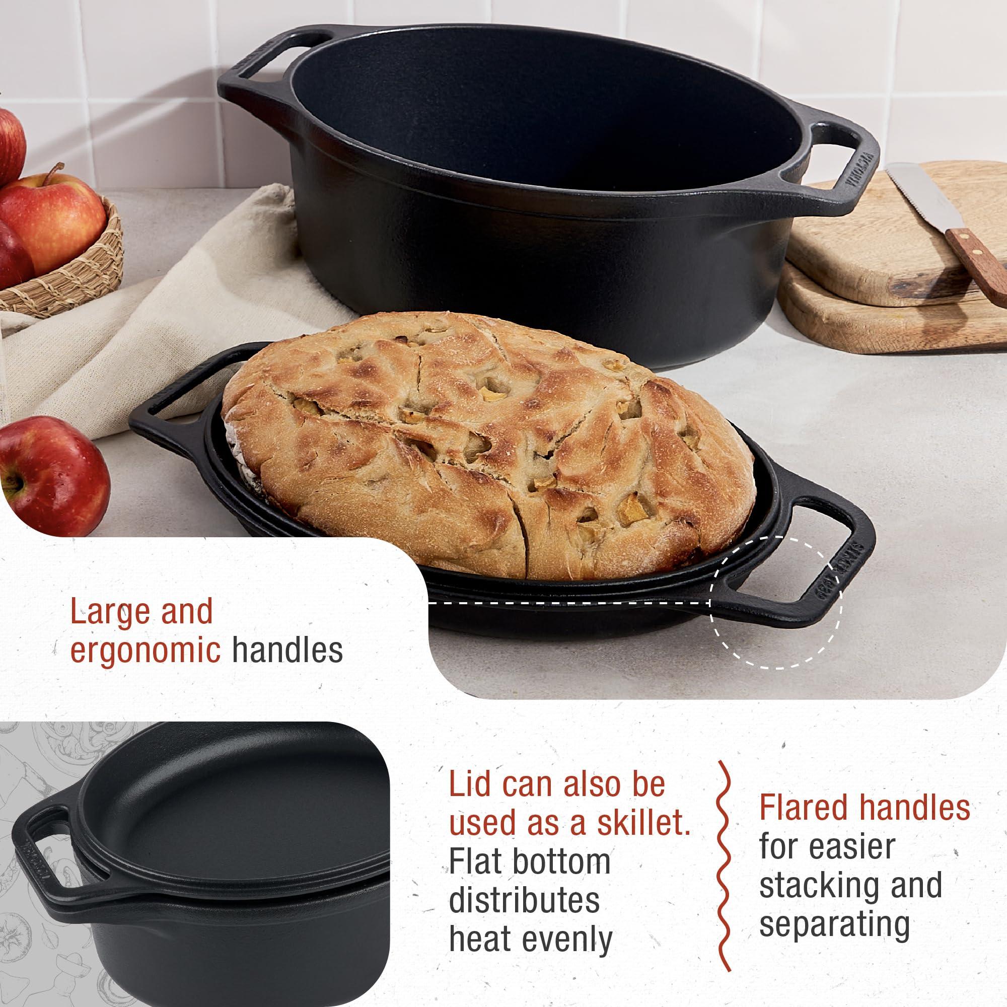 Victoria Victoria 6-Quart Cast Iron Oval Dutch Oven, Combination Combo Cooker Pot and Skillet, Bread Baker, Made in Colombia, 2-Piece Set