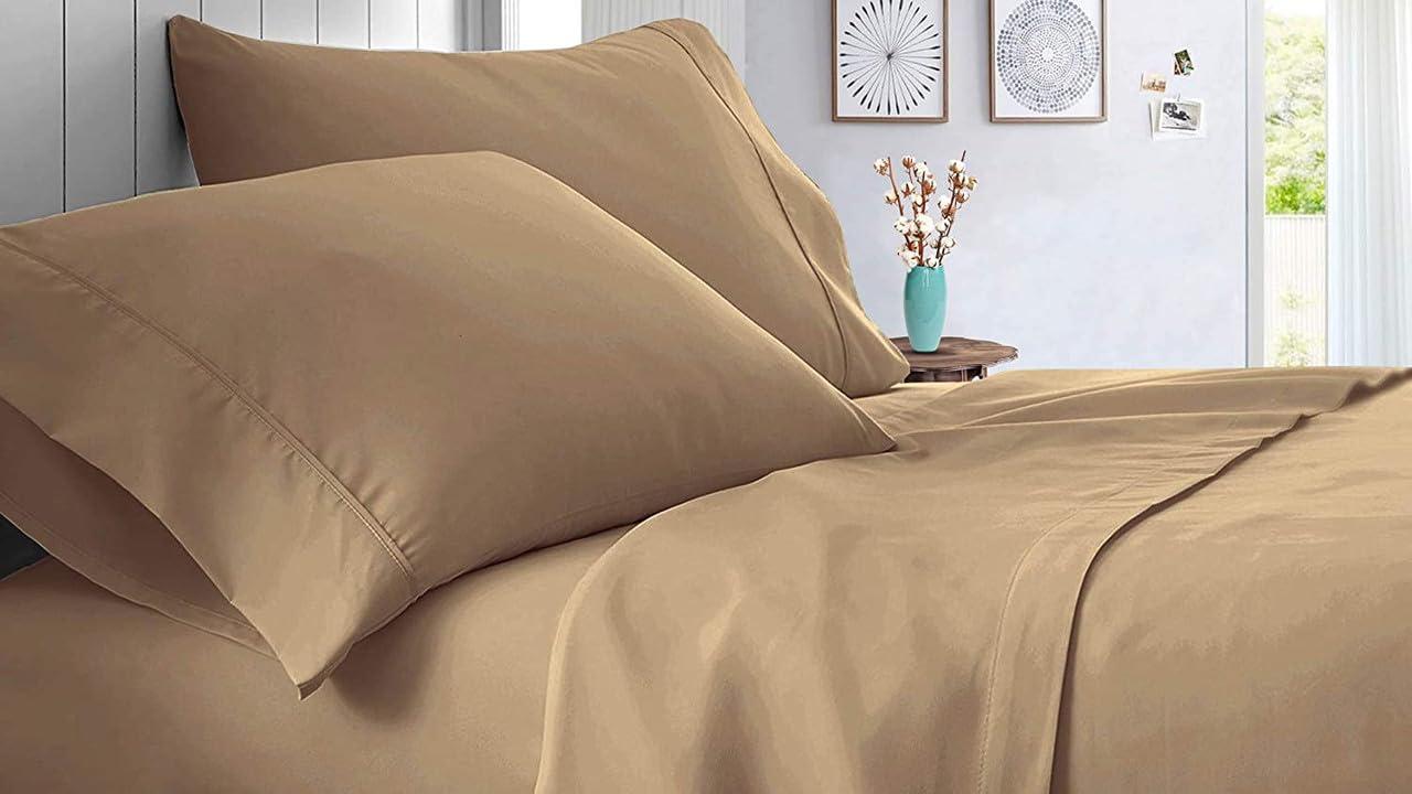SATEEN BEDDING STORE 100% Cotton Sheets Set Softest 4-PC, Cooling Sheets 400 Thread Count Sateen, Bedding Sheets & Pillowcases with 16 Inch Deep Pocket on Mattress Taupe Solid - Twin XL Size