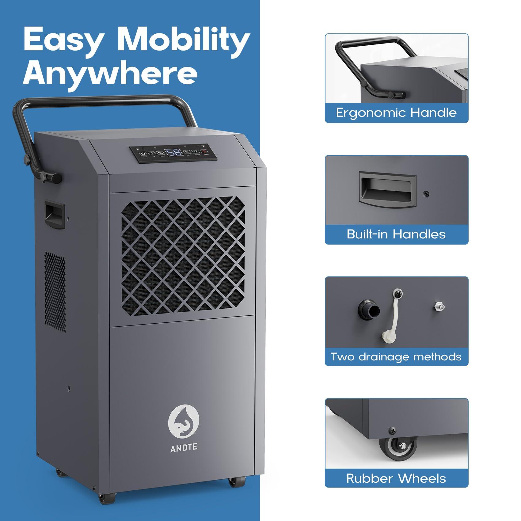 ANDTE ANDTE 190 Pints Commercial Dehumidifier with PumpDrain HoseIndustrial Dehumidifiers,Built-In Pumpfor Basement, Crawl Space, and Job Sites
