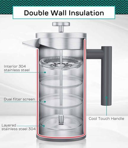 Coffee Gator Coffee Gator French Press Coffee Maker - 34ozThermal Insulated Brewer Plus Travel Jar - Large Capacity, Double Wall Stainless Steel - Gray