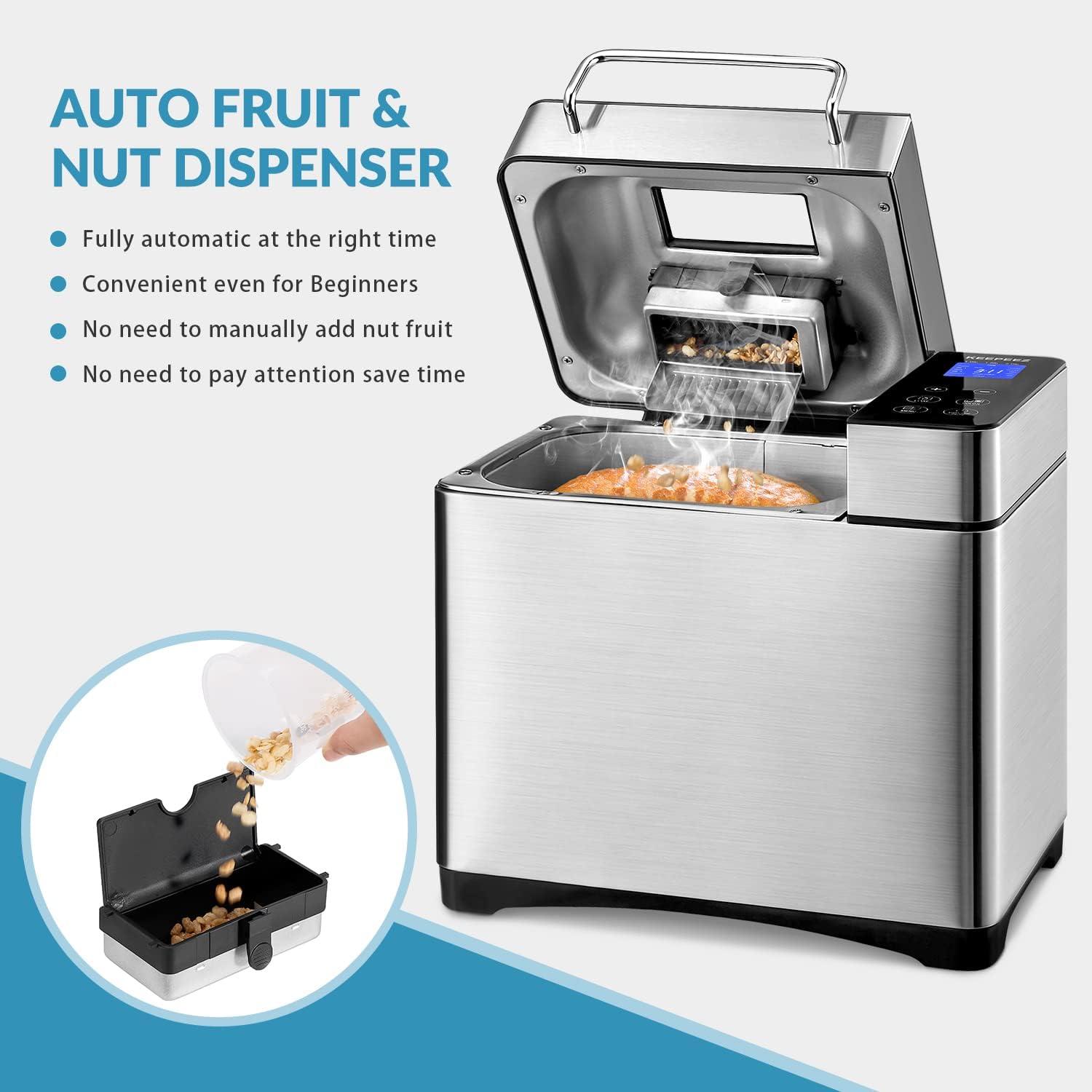 KEEPEEZ 17-IN-1 All Stainless Steel Bread Maker, 2LB Bread Machine BPA-Free Non-Stick 5-Layer Superior Die-Cast Ceramic Pan, Auto Fruit Nut Dispenser, 2 Paddles & Full Touch Panel,15H Timer&Keep Warm, Recipes