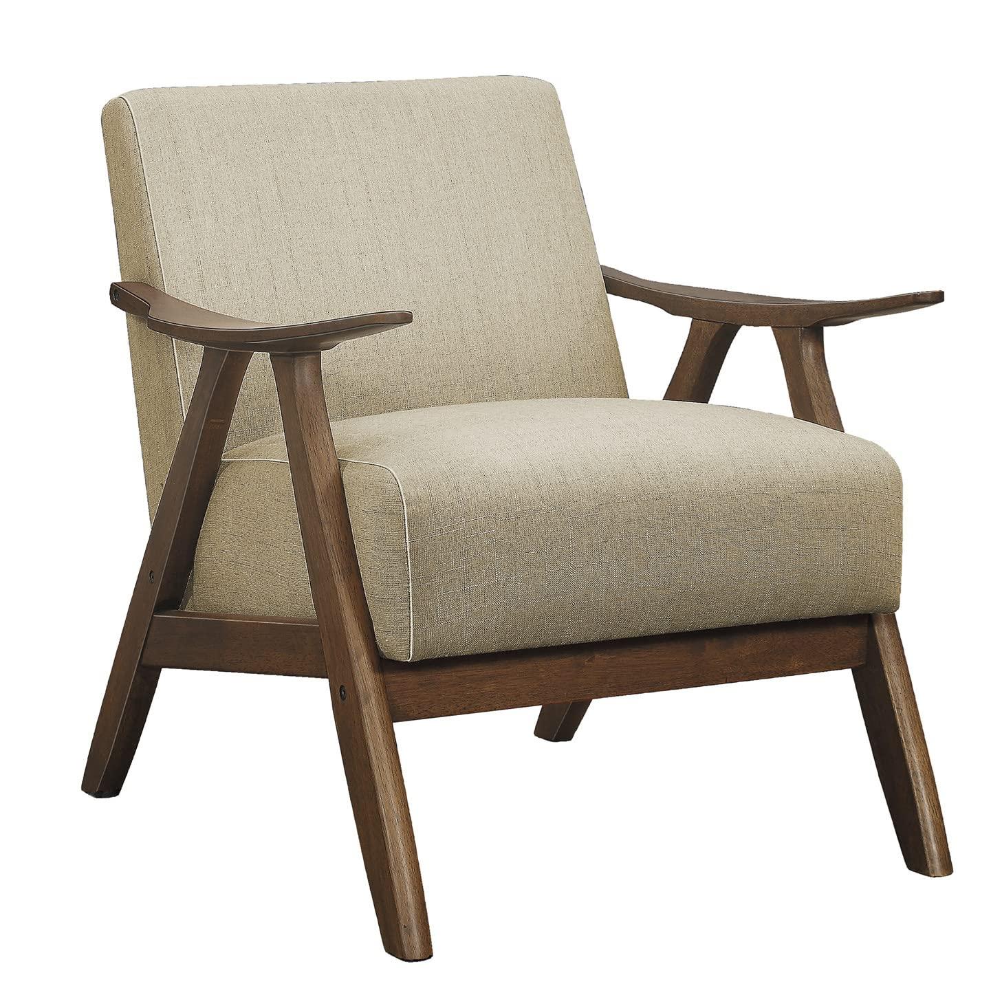 KJGJ KJGJ Retro Mid Century Accent Chair with Cushion Modern Armchair Side Chair Upholstered Lounge Chair with Walnut Finish Solid Wood Perfect for Bedroom Living Room (Light Brown)