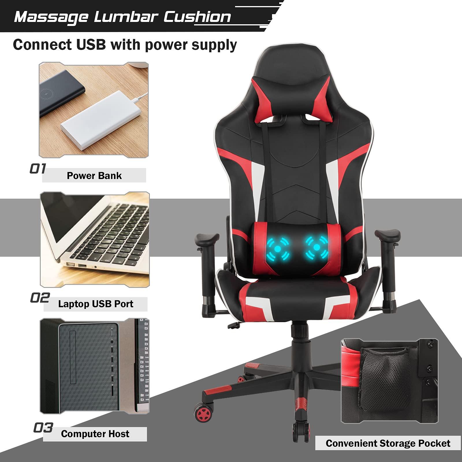 GYMAX GYMAX Gaming Chair, Massage Gaming Chairs for Adults with Headrest, Lumbar Support & Armrest, Video Computer Reclining Gaming Chair, Office Desk Gamer Task Chair (Red)
