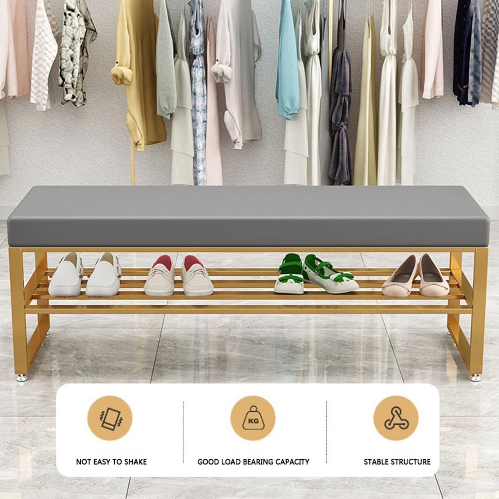 HomeLoft Basics Shoe Storage Bench Entryway Bench Faux Leather Shoe Bench 2 Tier Upholstered Bench with Storage Shelf Long Bench Metal Frame