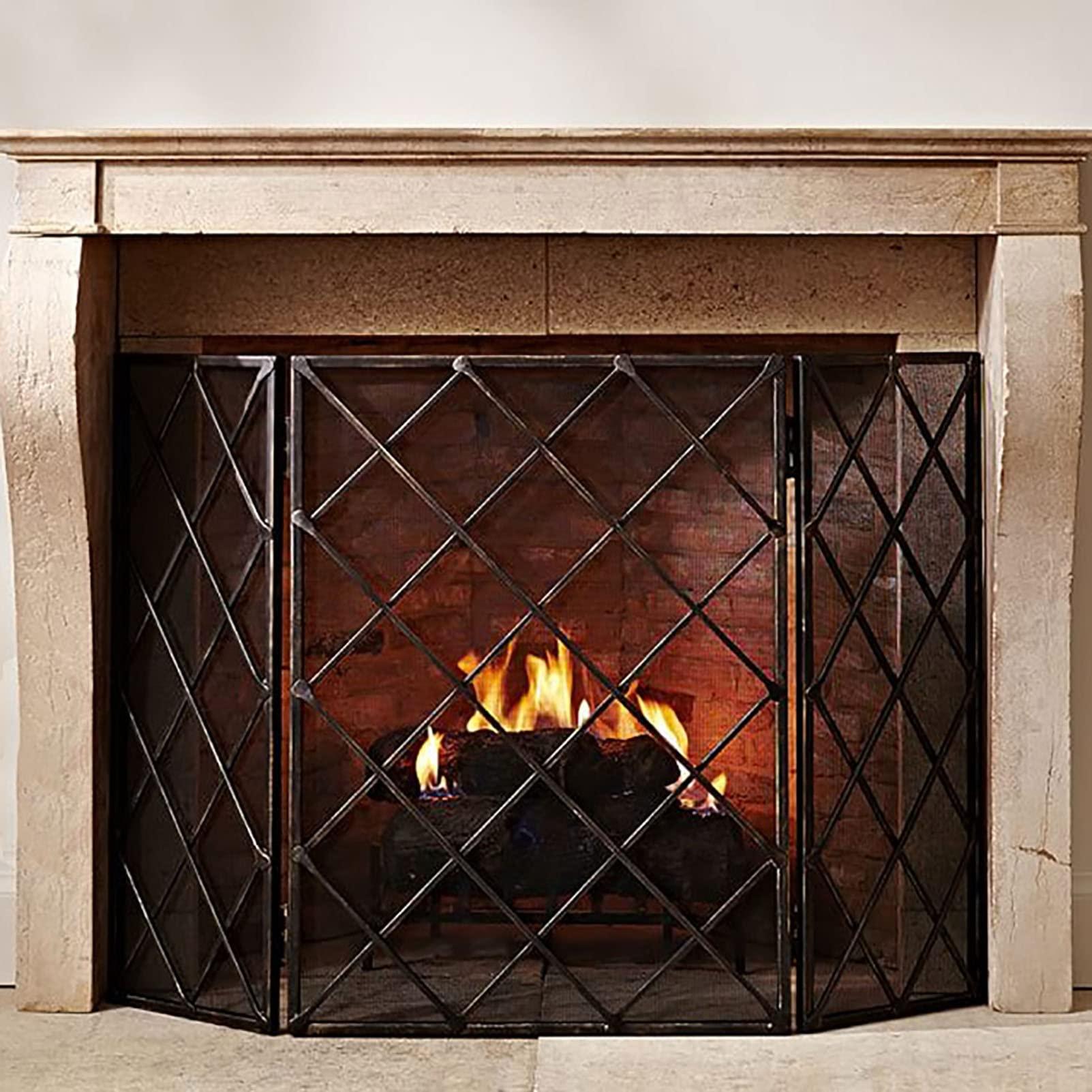XLAQ Large Fireplace Screen Black, 3 Panel Heavy Duty Free-Standing Fireplace Screen 28in Tall - Folding Fire Place Fence Solid Wrought Iron Frame with Mesh Spark Guard Cover