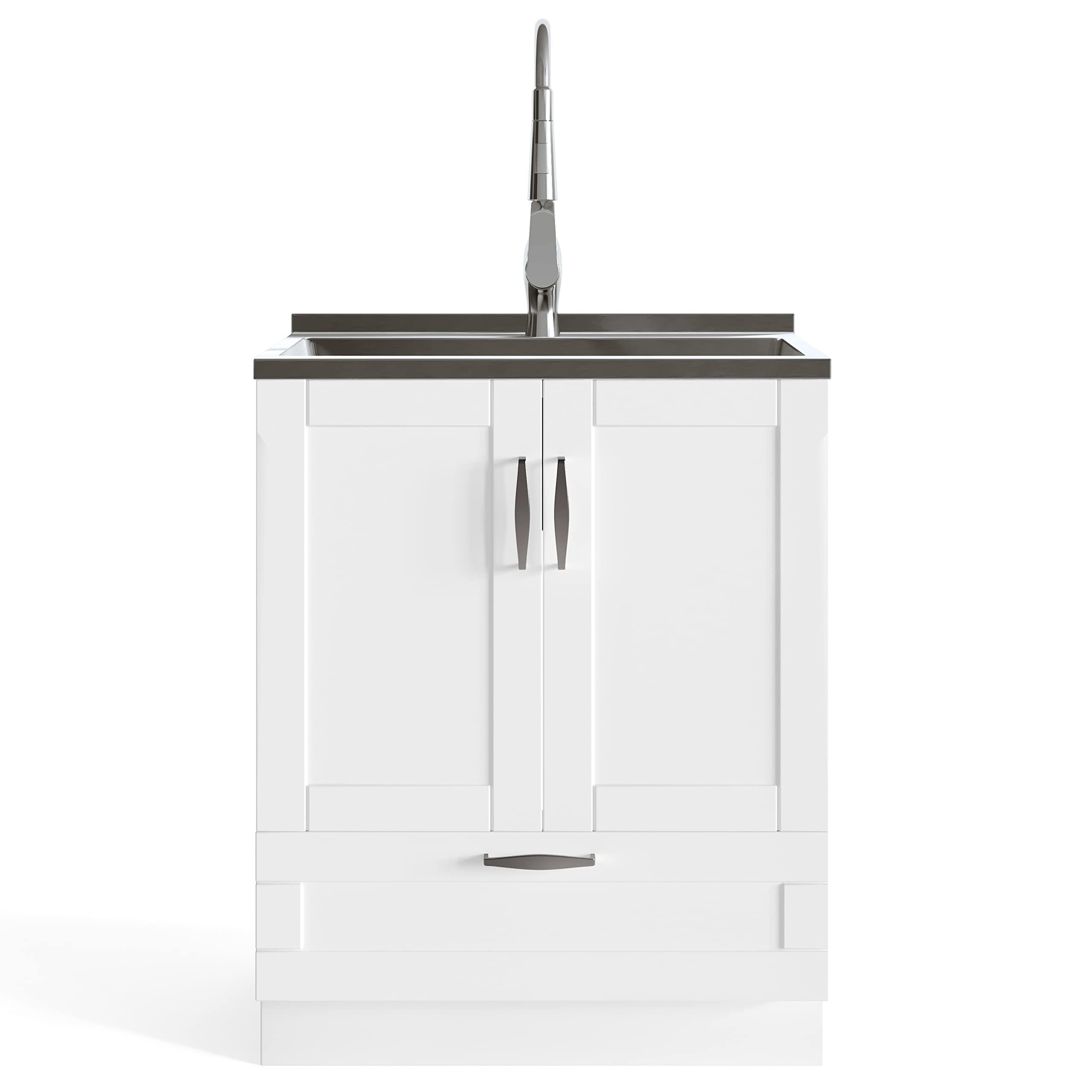 SIMPLIHOME SIMPLIHOME Reed All-in-One Utility Sink & Cabinet in Pure White, 28-inch, Laundry Cabinet with Stainless Steel Sink, Pull-out Faucet, Storage Drawer for Laundry Room