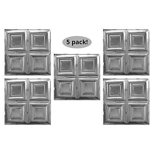 American Tin Ceilings American Tin Ceilings [5 Pack 24\" x 24\" 100% Tin Nail-Up Ceiling Tiles | Pattern #1 Brushed Satin Nickel Square Pattern Design with Modern Beveled Squares for Ceilings & Kitchens