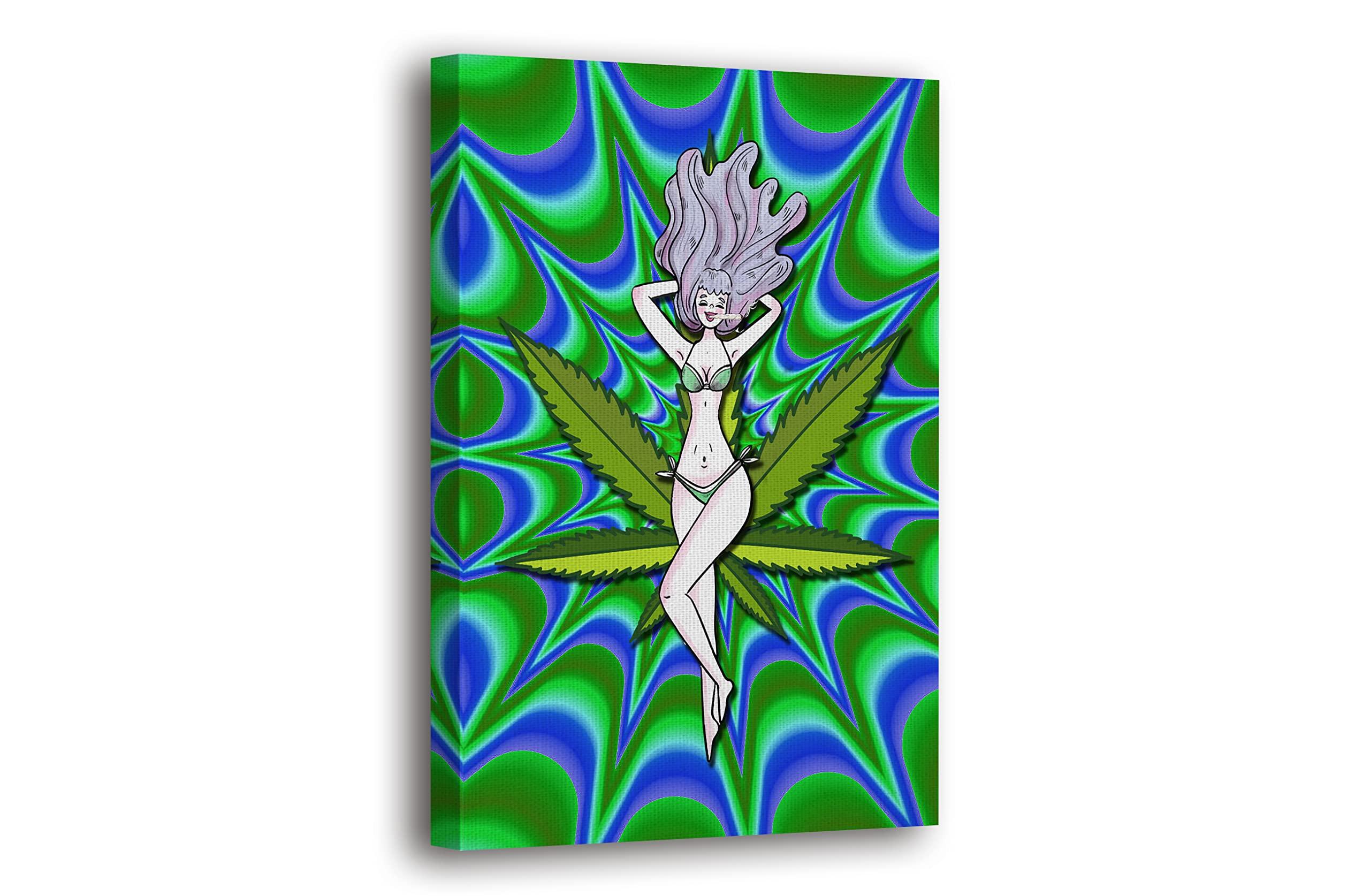 SpiritualHands SpiritualHands Trippy Room Decor, Stoner Room Decor, Hippie Art, Stoner Pothead Poster Framed Canvas (Stoned in Bikini, 40\" x 60\" - Ready to Hang)