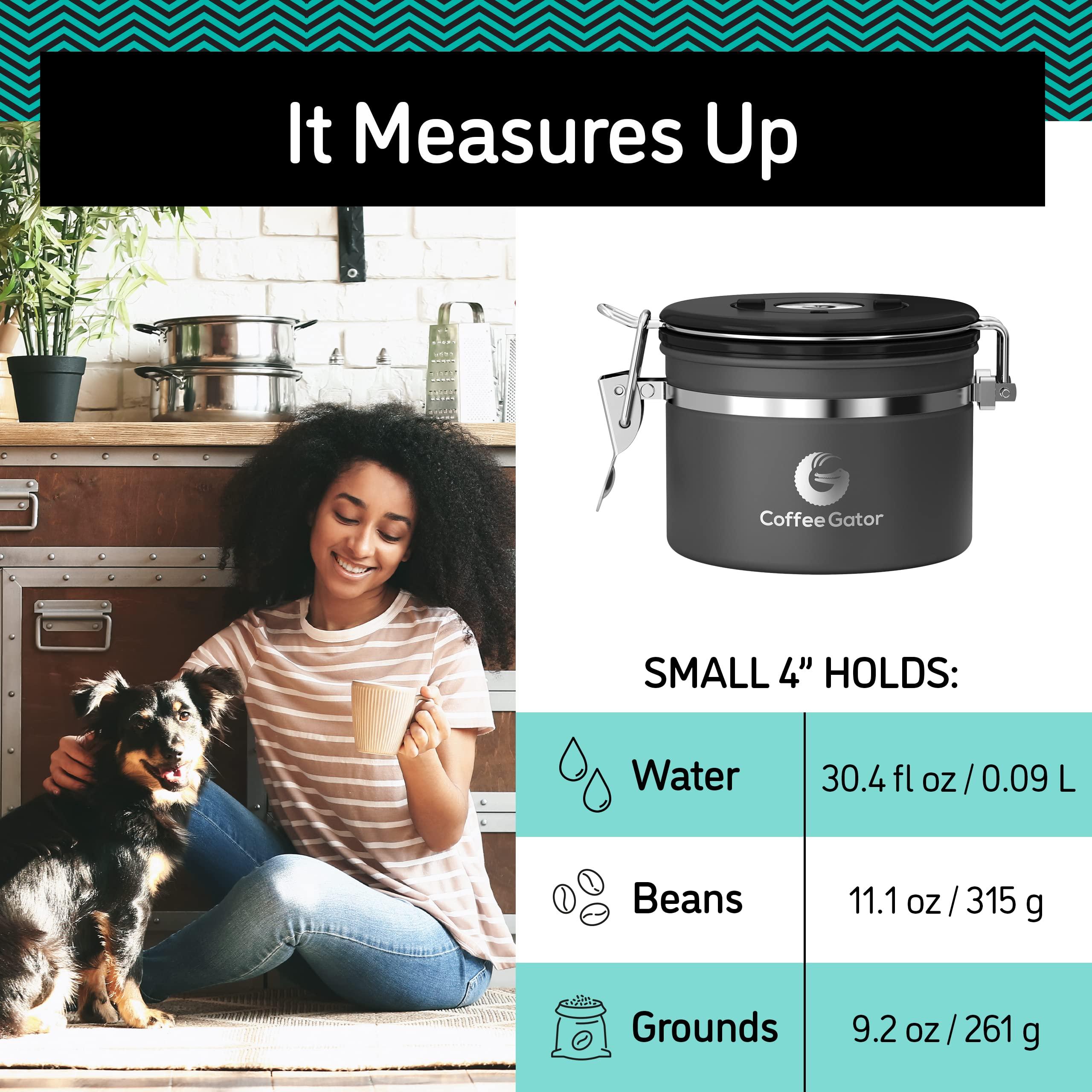 Coffee Gator Coffee Gator Stainless Steel Canister - Small 11oz, Silver Coffee Grounds and Beans Container with Date-Tracker, CO2-Release Valve, and Measuring Scoop - Ideal Coffee Lovers Gifts for Her