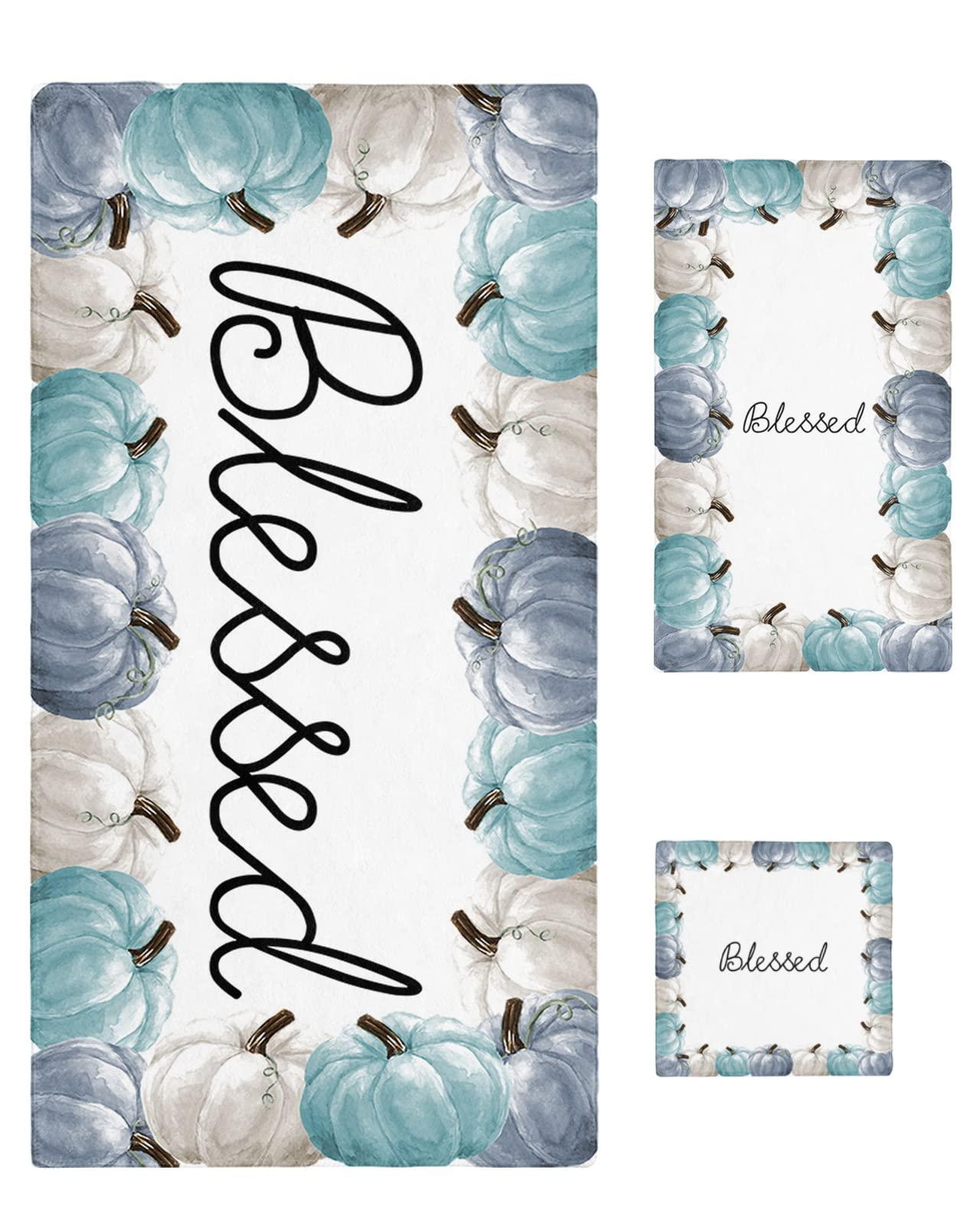 ZOE GARDEN Fall Pumpkins Bathroom Towel Set,Microfiber Bath Kitchen Beach Hand Dish Towels Set,Quick Dry Luxury Soft Decorative Towels+Set Clearance Bulk Decor(3-PC) Teal Blue White Autumn Thanksgiving Day