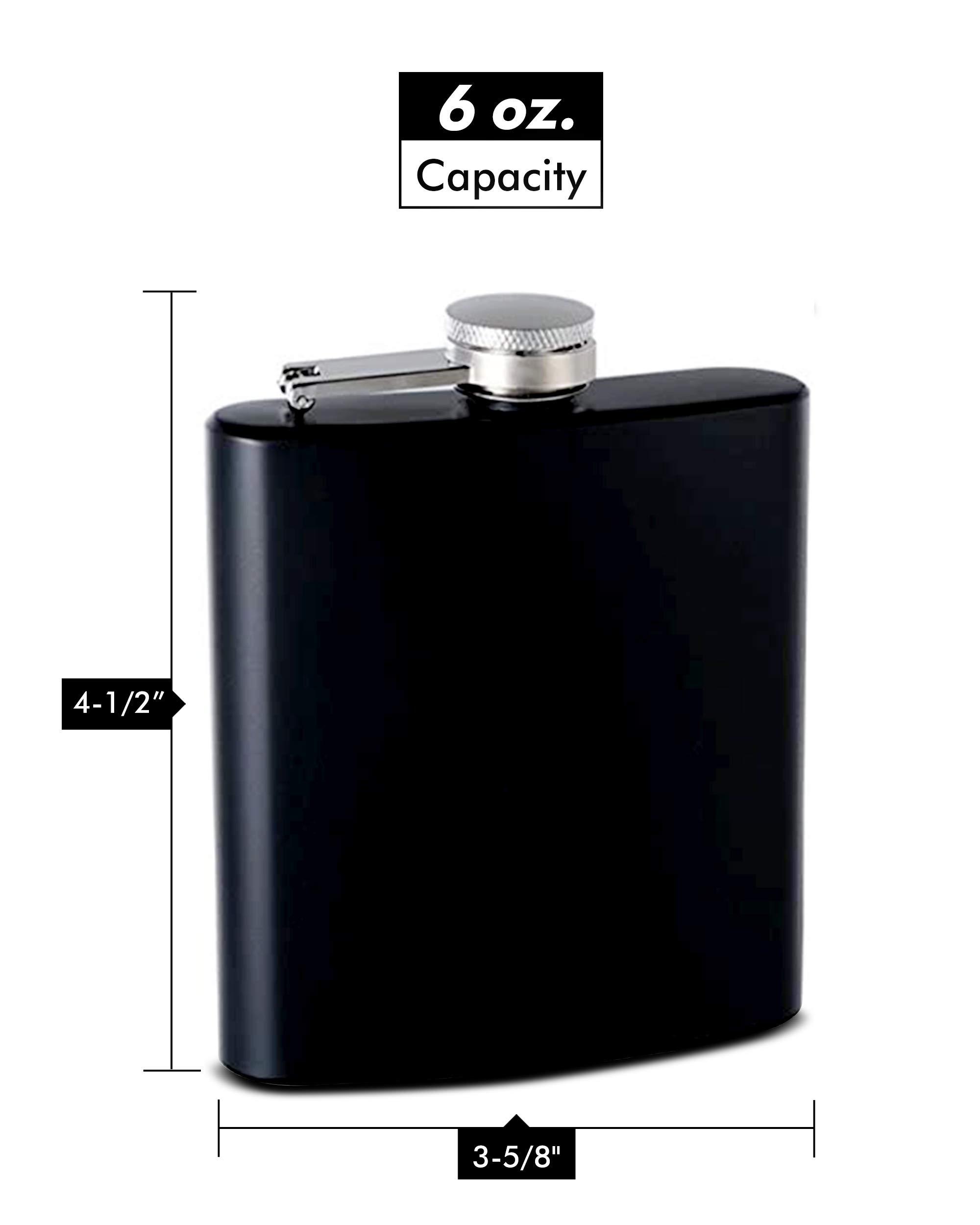TOP SHELF FLASKS Hip Flask Holding 6 oz - Rubber-Coated Non-Slip Pocket Size, Stainless Steel, Rustproof, Screw-On Cap - Black Finish - Black Gift Box Included