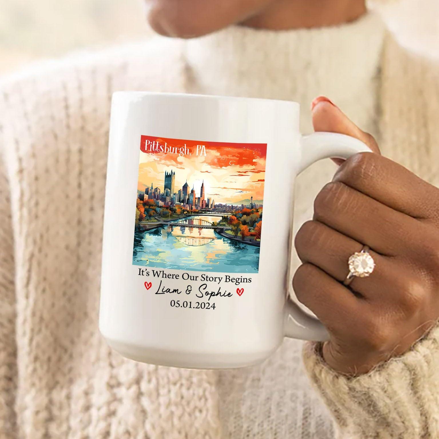 Cenluxy Personalized Pittsburgh Pennsylvania USA Coffee Mugs For Travel Lovers, It\'s Where Our Story Begins in Pittsburgh PA Ceramic Cup, Pittsburgh Lover Mug Gift, Custom Name Text Pittsburgh Porcelain Mug