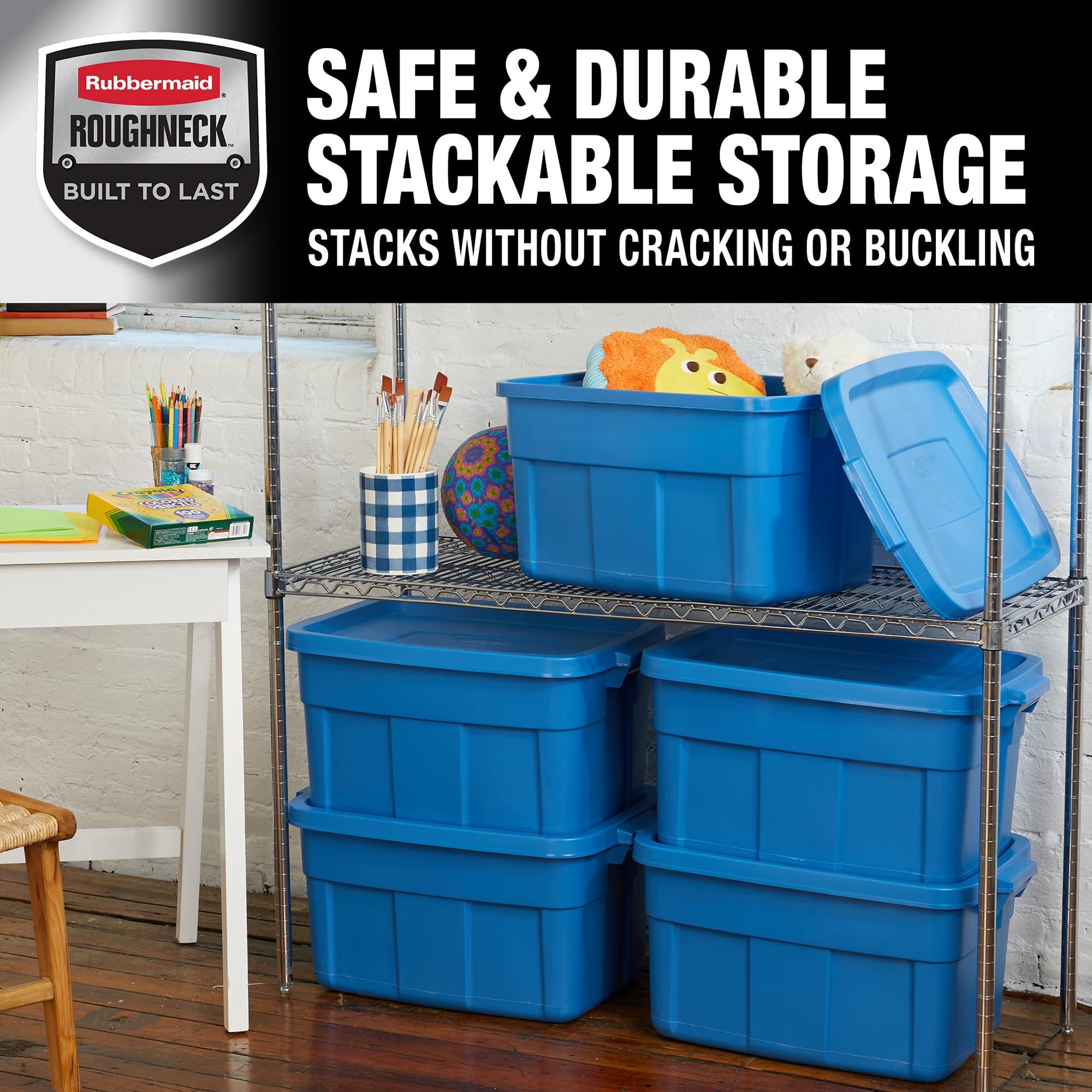 Rubbermaid Rubbermaid Roughneck Tote 14 Gal, 6 Pack, Made in USA, Herirage Blue, Rugged Plastic Stackable Storage Bins with Lids and Handles