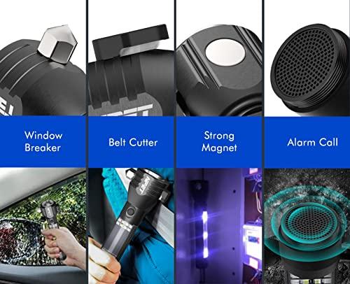 NPET NPET T10 Car Flashlight 500 Lumens LED COB Light Solar Powered USB Rechargeable Tactical Multi-Function Torch Tool with 120dB Siren Window Breaker Seat Belt Cutter Compass for Camping