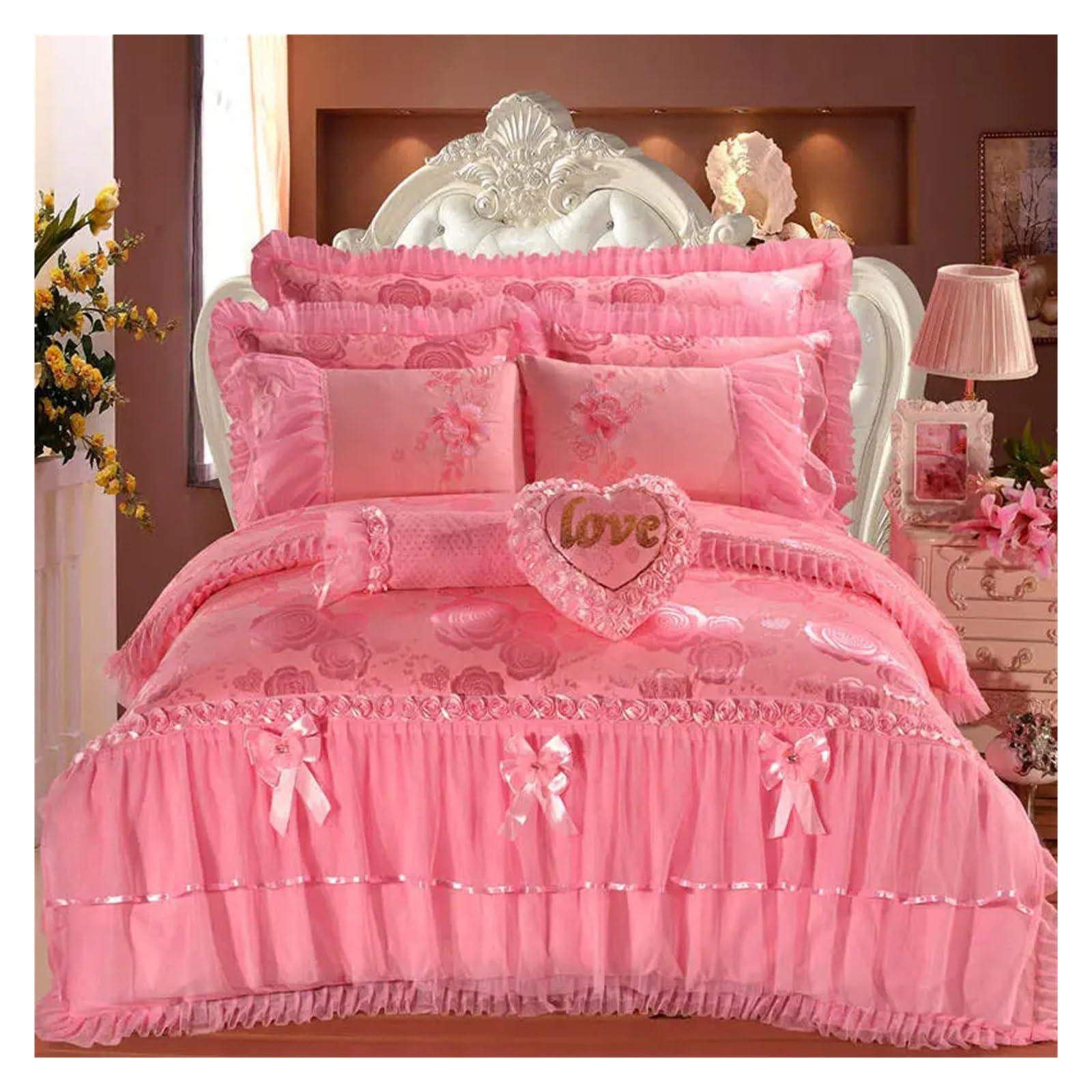 ADovz ADovz Red Pink Lace Princess Bedding Set 4/6/8pcs Luxury Girls Wedding Bed Set Quilt Cover Bed Sheets Queen King Size,Bed Sheets