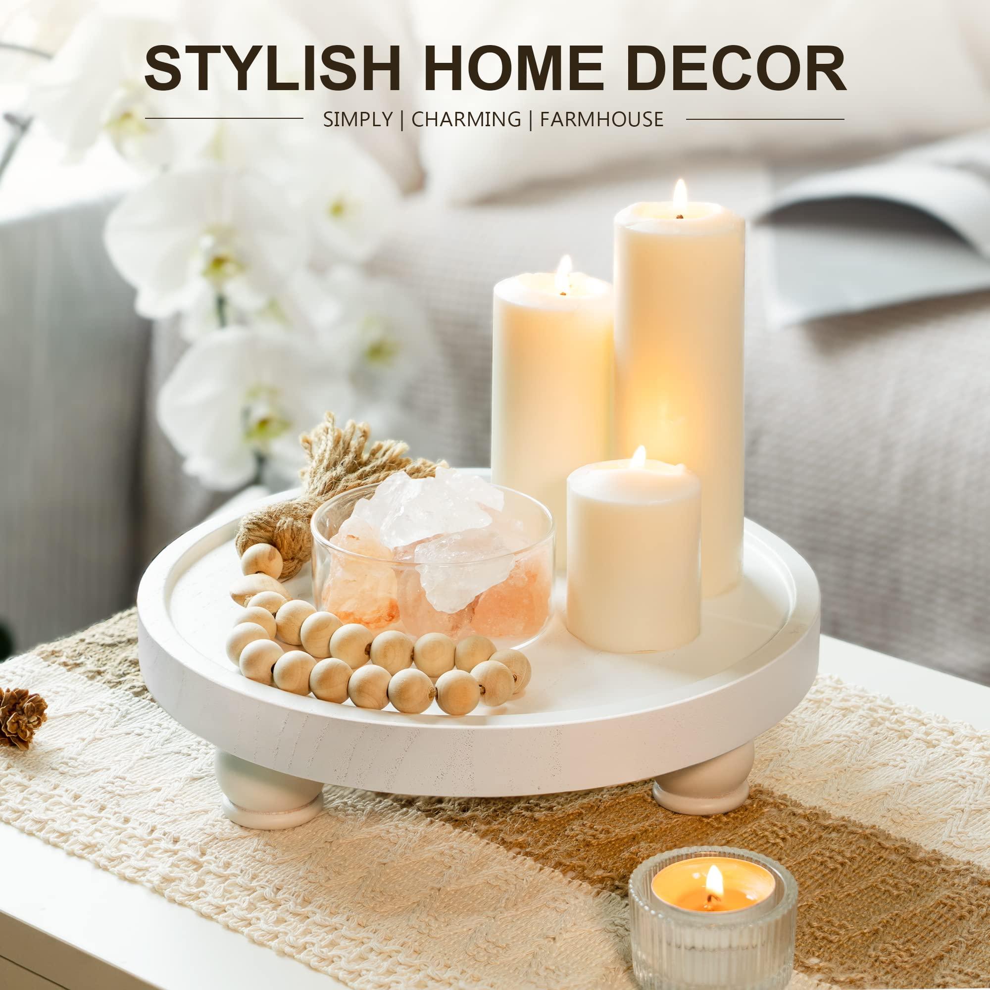 EOSAHR EOSAHR Decorative Wooden Riser for Home Decor : Farmhouse Display Stand for Kitchen Counter, Bathroom Sink and Home Decor - Rustic Round Waterproof Pedestal Tray for Soap, Plant Holder (White)