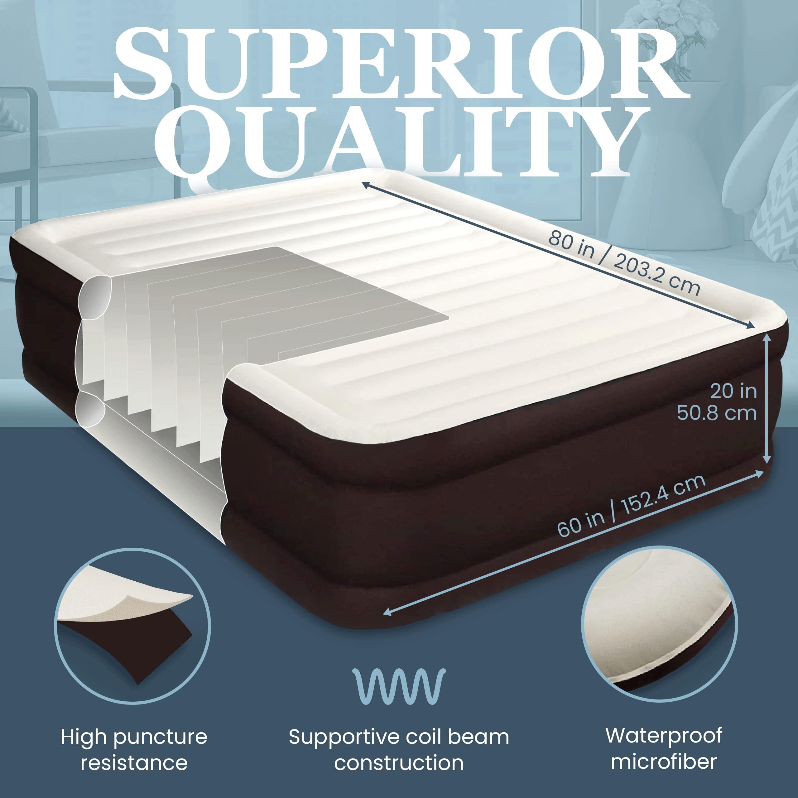 Englander Englander Queen Air Mattress with Built in Pump Raised - Double High, 600 LB Weight Capacity - Luxury Size Camping Mattress - Blow Up Floor Bed for Home - Microfiber, Waterproof Airbed with Patch Kit