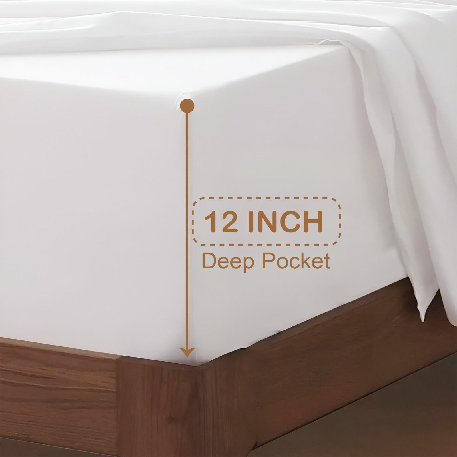 ARlinen Waterbed Sheets Super Single Size 600 Thread Count 100% Cotton 12 Inches -Deep Pockets- Attached Waterbed Sheet Set- 4 Piece - Hotel Luxury Bed - Extra Soft -White Solid Bed Sheets -Super Single