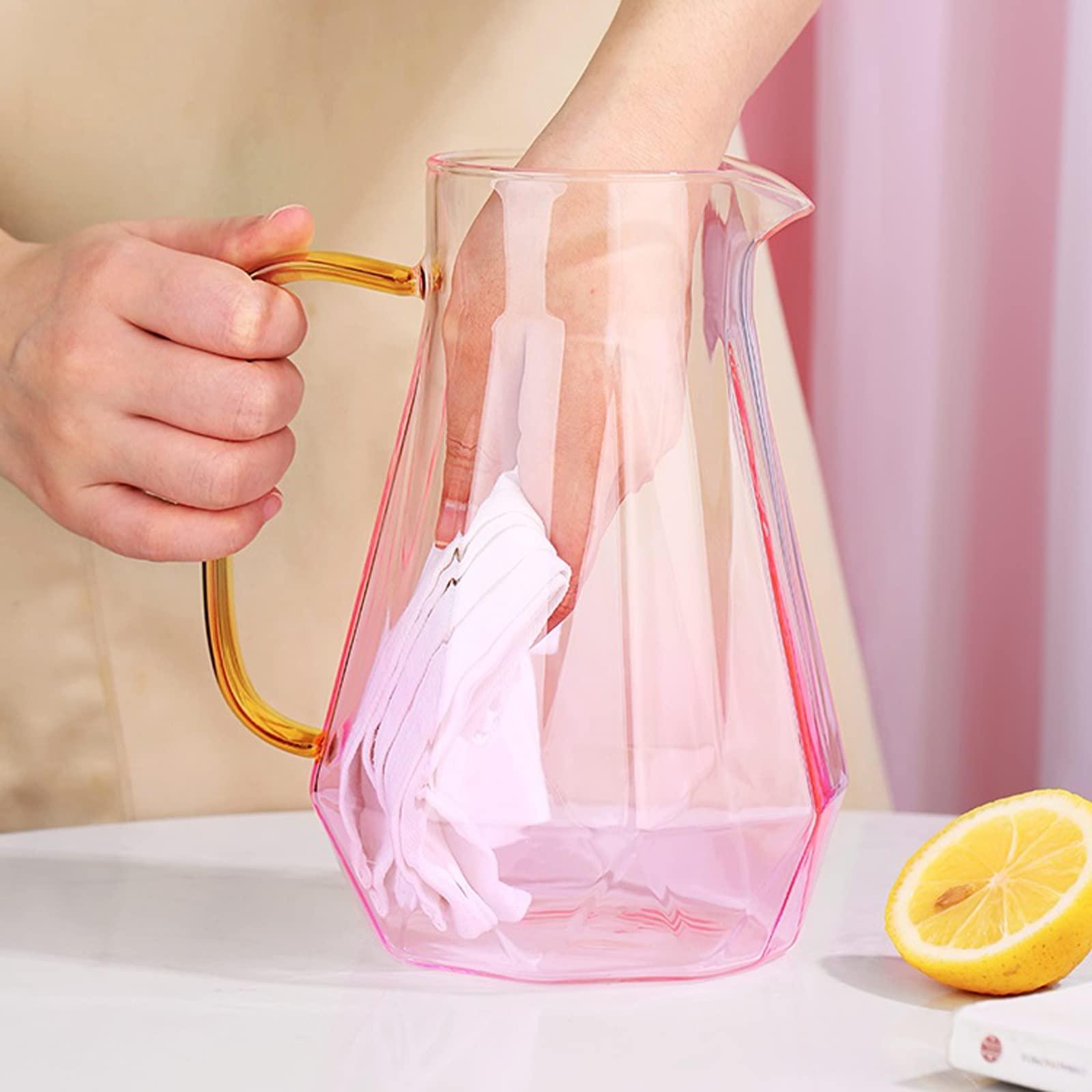 FACMAS Pitchers Beverage Pitchers Creative Glass Water Kettle Set Brings Mug Tray 1500ml Pink Clear Pitcher Flower Fruit Tea Set Afternoon Teatime Drinkware for Juice Milk Cold or Hot Beverages (Color : A)