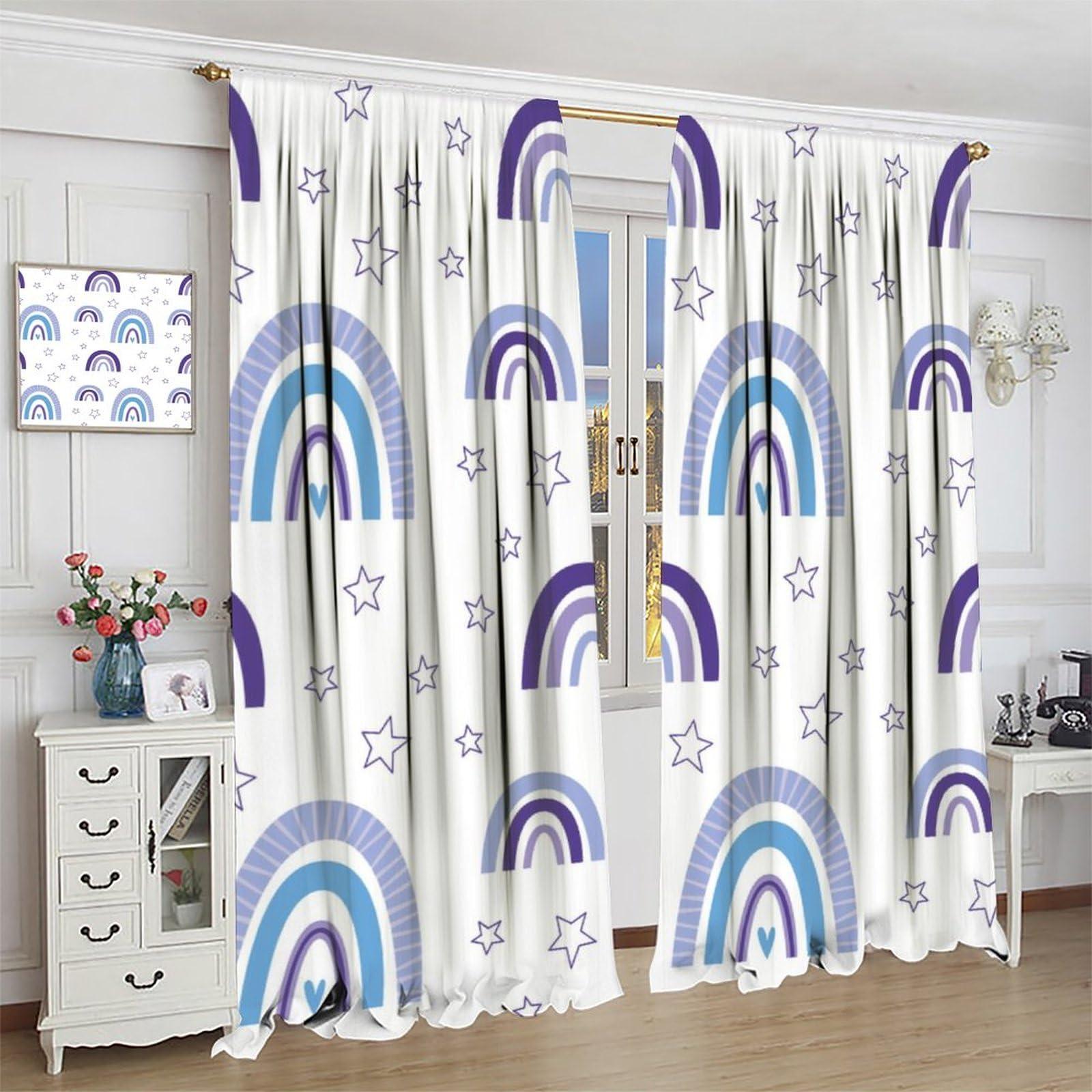 Chocolatemaoutdash Cute Nursery Rainbow Blackout Curtains Stars,Scandinavian Fun Print Purple Colours Rod Pocket Thermal Insulated Drapes Curtain for Kids,Teens Bedroom Living Room Kitchen 21x45in x 2