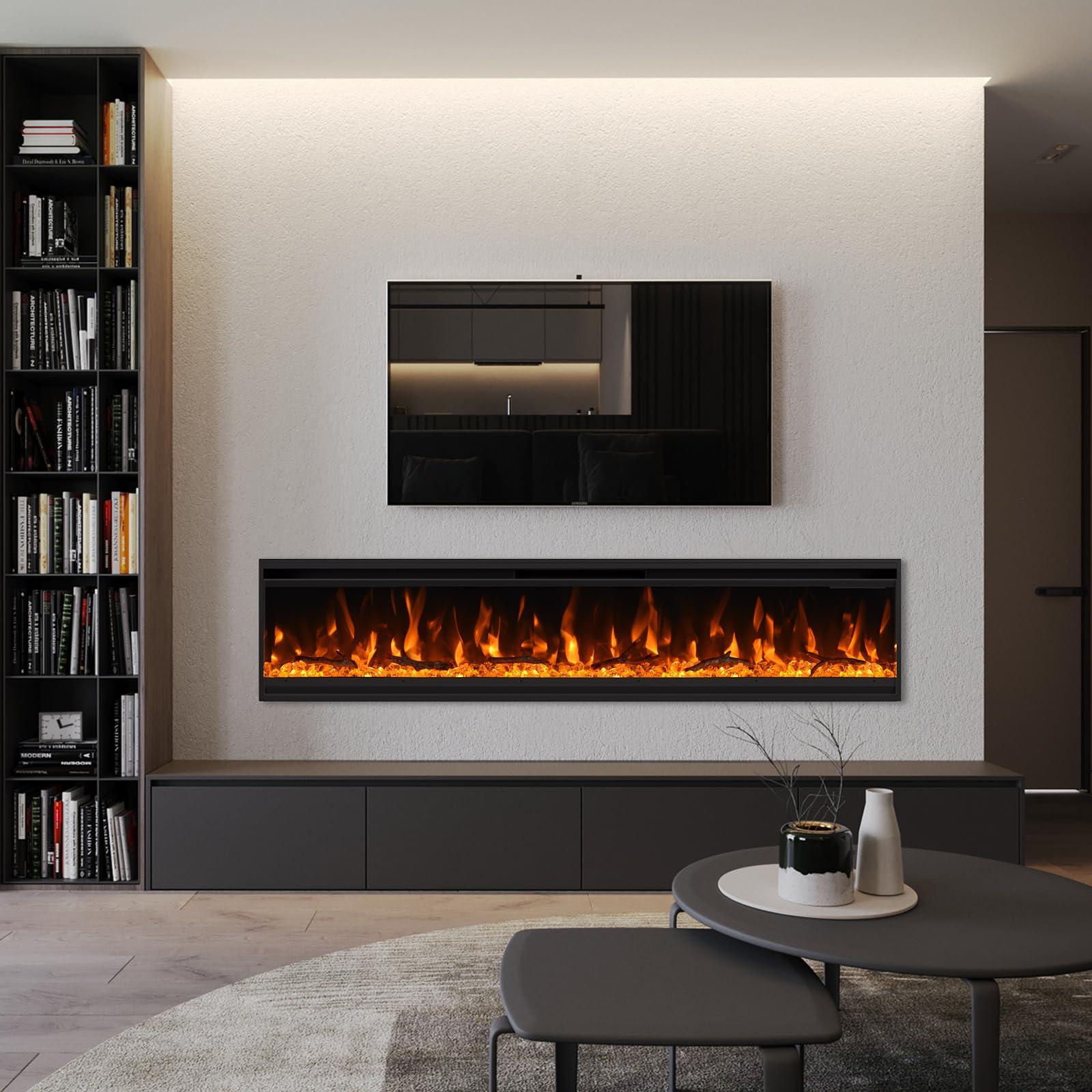 cooboom 40 inch Electric Fireplace, 4.3\" Ultra-Thin Electric Fireplace Inserts, Ultra-Narrow Frame, Wall Mounted and Recessed Fireplace, Log & Crystal, Touch Screen & Remote Control, 1500W
