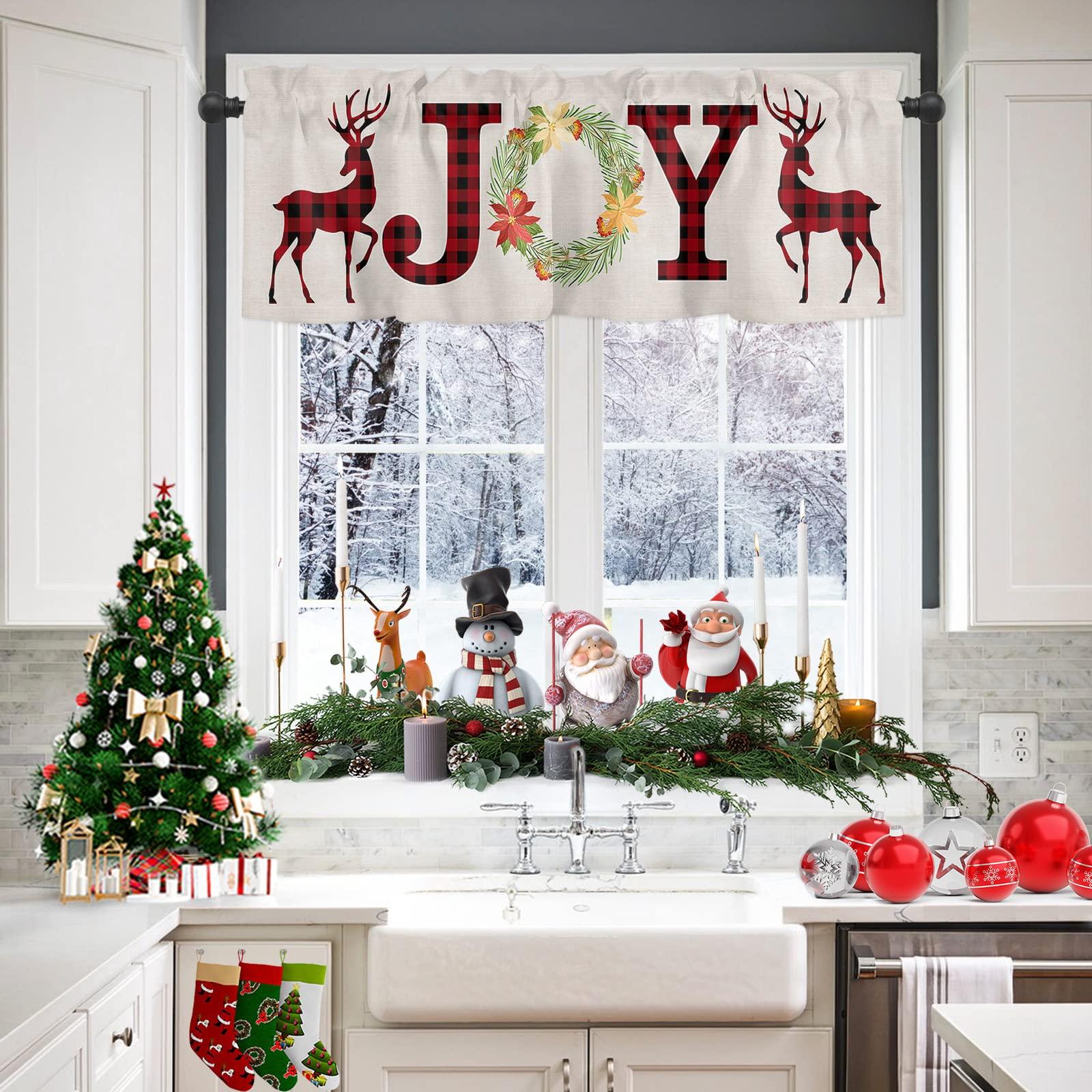ZFUNCING Kitchen Valance for Windows Rod Pocket Curtain Valances Christmas Reindeer Silhouette Red Plaid Wreath Retro Linen Privacy Short Curtains Panels Window Treatment for Bathroom Xmas Joy Text 54x18in