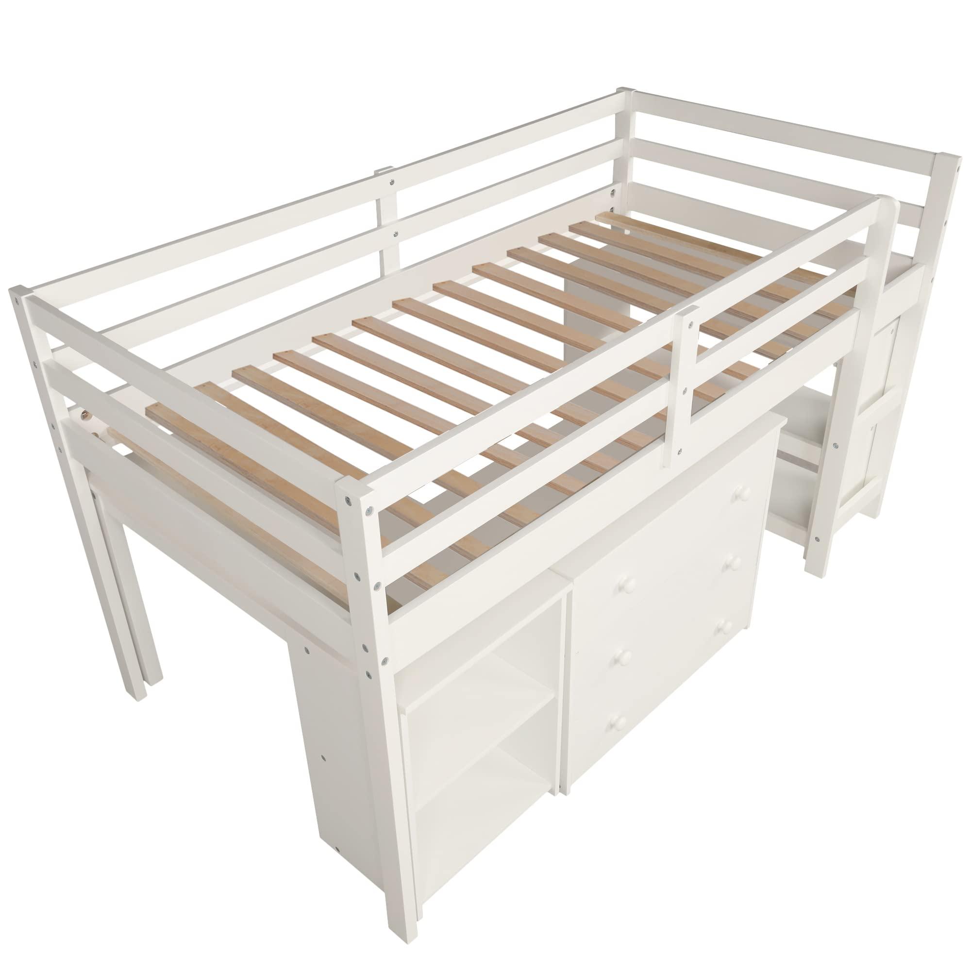 Harper & Bright Designs Harper & Bright Designs Twin Size Low Loft Bed with Rolling Portable Desk and Storage Cabinet, Wooden Low Study Loft Bed with Drawers, for Kids Teens Girls Boys - White