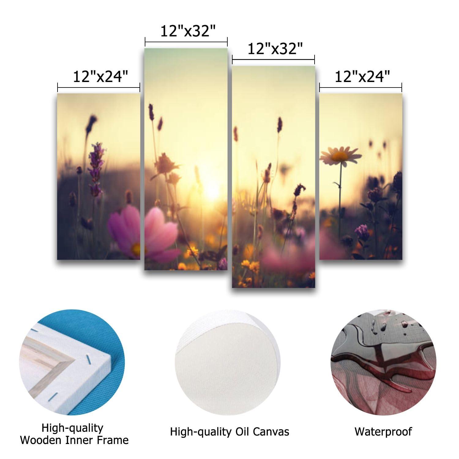 CXHSZHYZYQ CXHSZHYZYQ Canvas Wall Art Prints Pictures Summer Meadow Framed Posters Modern Wall Painting Artwork Gift Home Decor for Living Room Ready to Hang 4 Panel