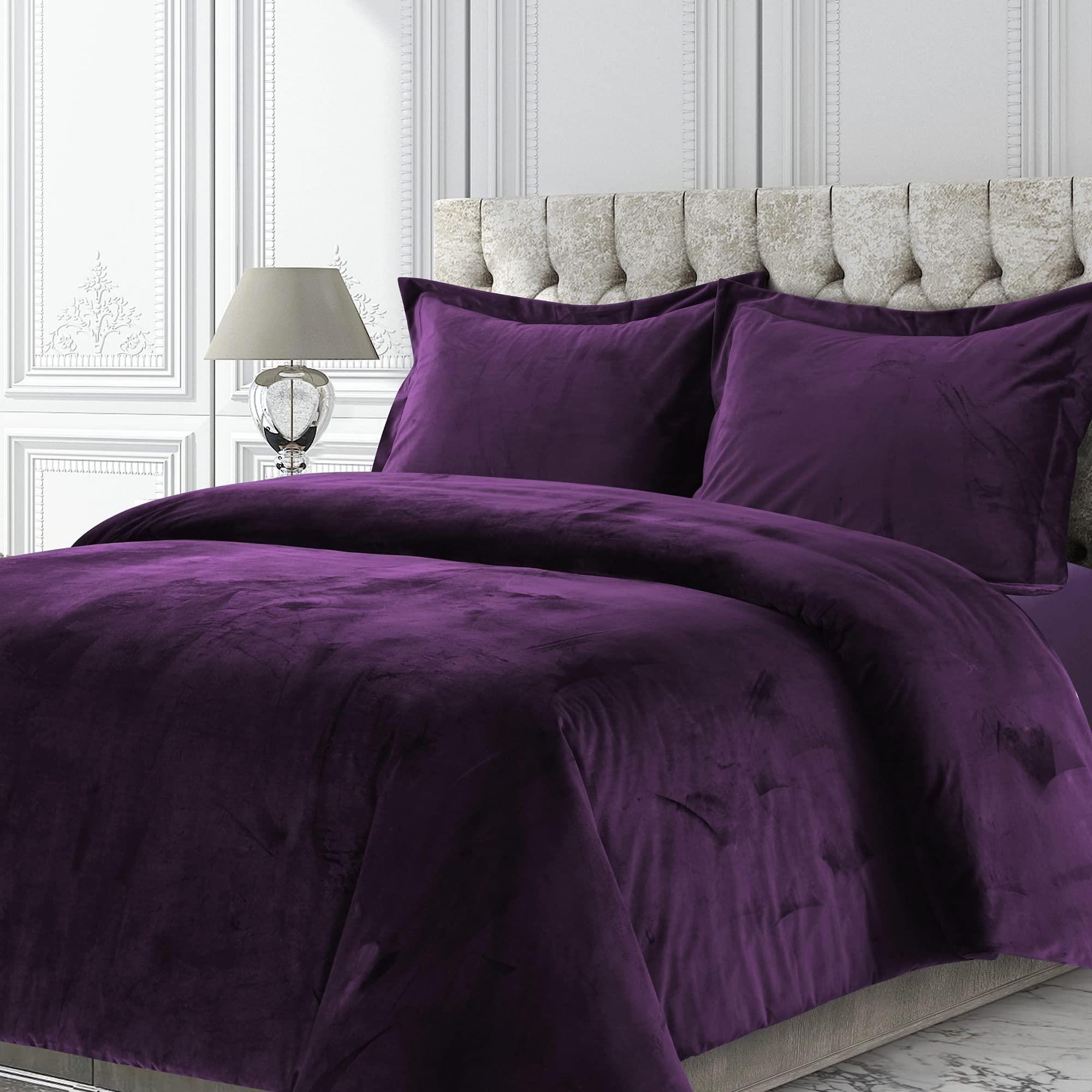 Tribeca Living Tribeca Living Venice Velvet Oversized Duvet Set, Luxurious 2-Piece Twin Bedding, Super Soft Velvet with Hidden Button Closure, Purple