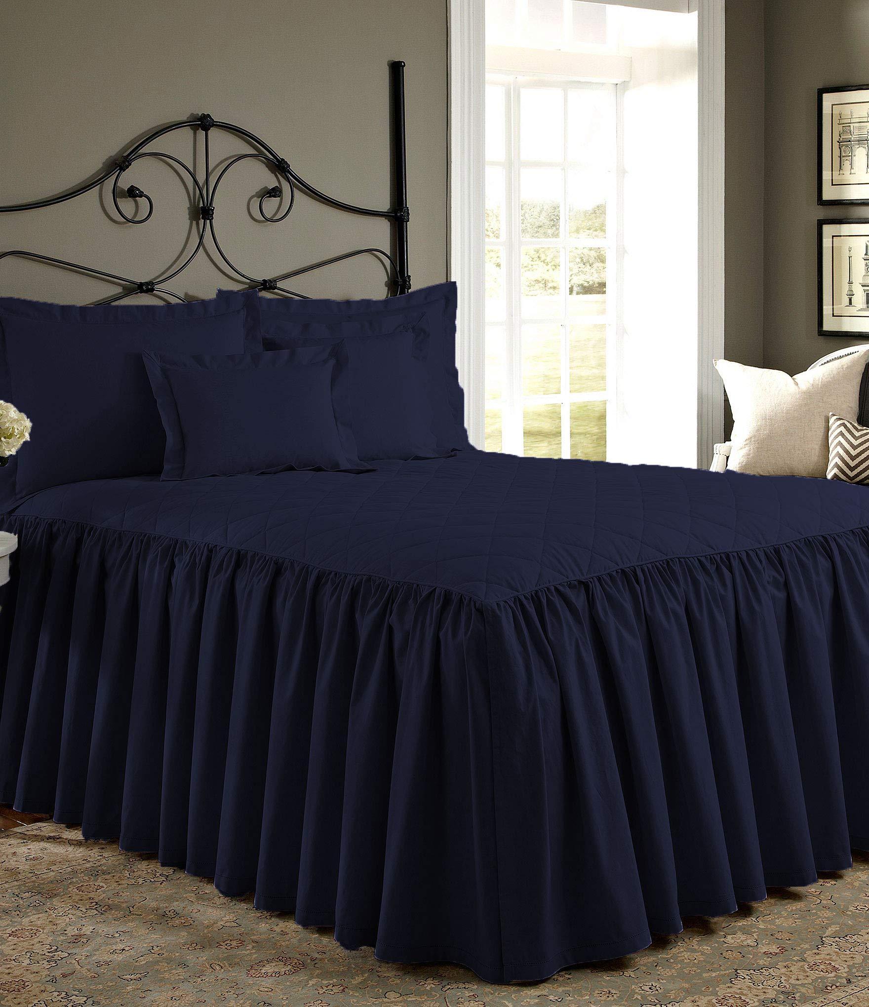 Bedding Empire Bedding Empire 20\" Drop 3 Piece Quilted Dust Ruffle Bed Skirt/Bed Spread with Pillowsham 100% Egyptian Cotton 500 TC Navyblue Calking Size