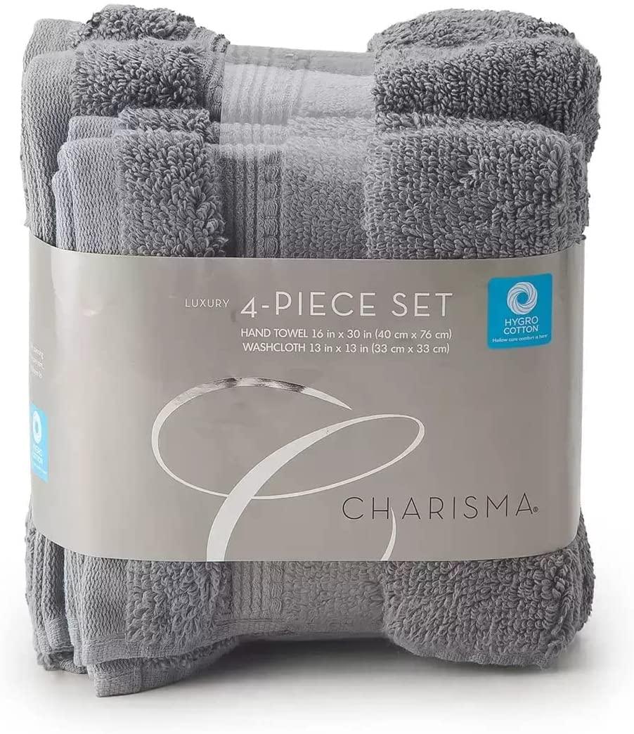 Charisma Charisma New Soft and Luxurious 4 Piece Towel Set | 2 Hand Towels and 2 Wash Cloths (Dark Grey)