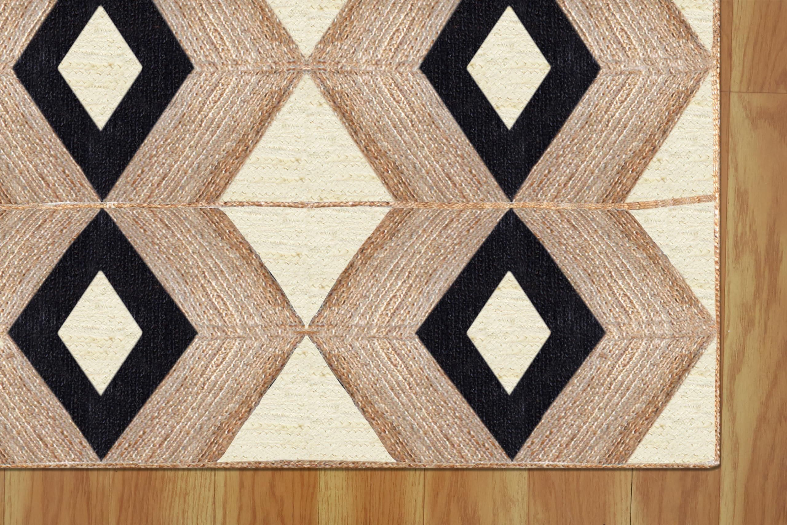 CASAVANI Geometric Woven Area Rug, Natural Jute Kilim Rug, 9x9 Ft Square Beige & Black Braided Flatweave Dhurrie Carpet for Living Room, Entryway, Kitchen, Farmhouse