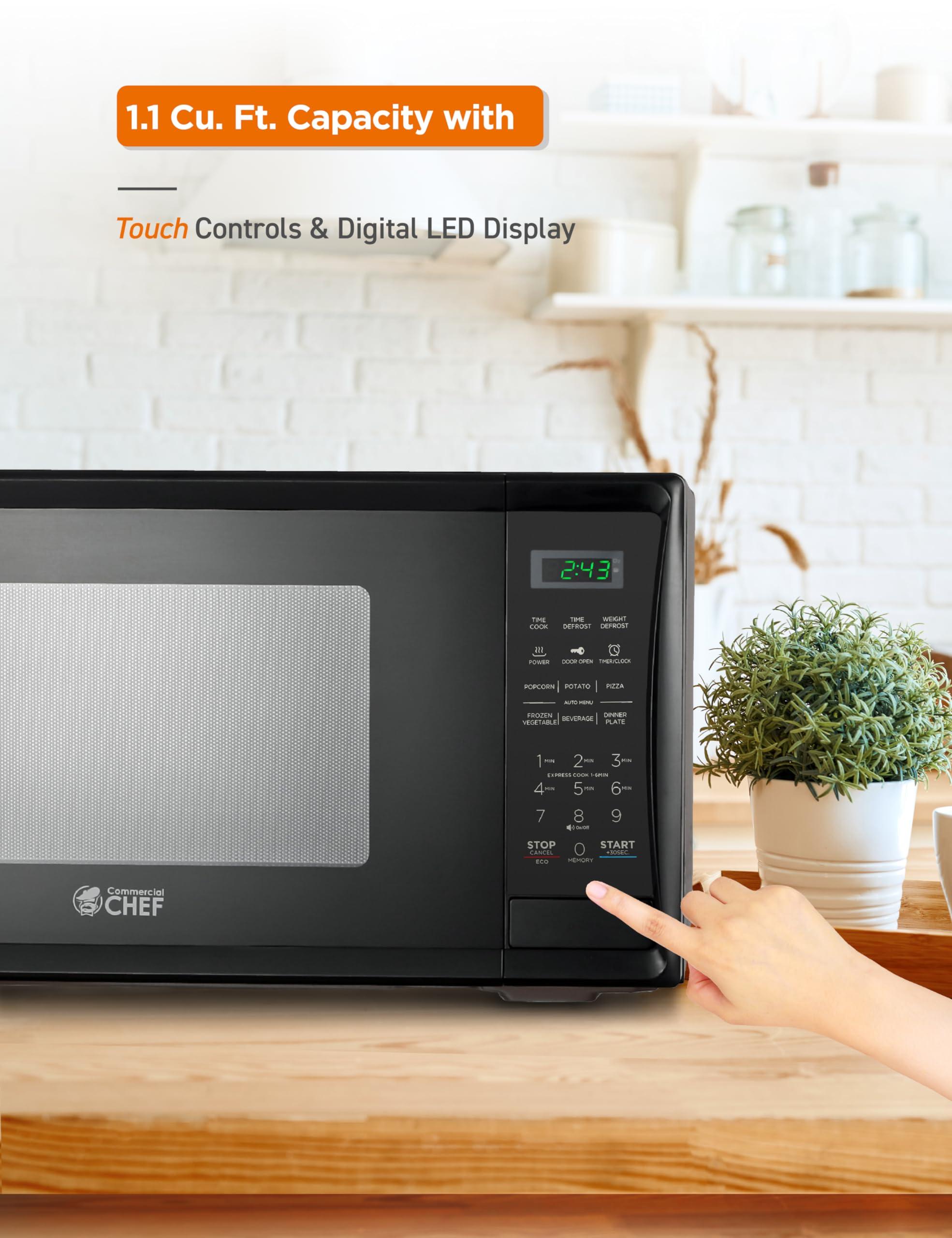 Commercial CHEF COMMERCIAL CHEF 1.1 Cu Ft Microwave with 10 Power Levels, Microwave 1000W with Push Button Door Lock, Countertop Microwave with Microwave Turntable and Digital Controls, Black