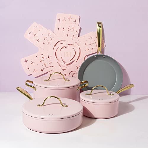 Paris Hilton Paris Hilton Iconic Nonstick Pots and Pans Set, Multi-layer Nonstick Coating, Matching Lids With Gold Handles, Made without PFOA, Dishwasher Safe Cookware Set, 10-Piece, Pink