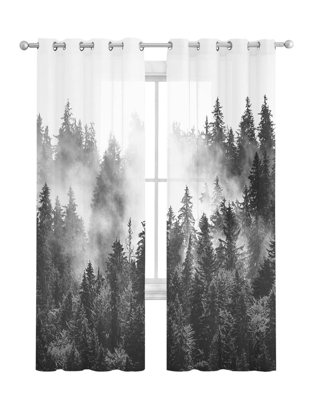 Tersuger Sheer Curtains 39 inches Long for Living Room, Summer Photography Black and White Forest Window Treatments Curtains Light Filtering Grommet Semi Sheer Drapes for Bedroom Kitchen Decor,2 Panels
