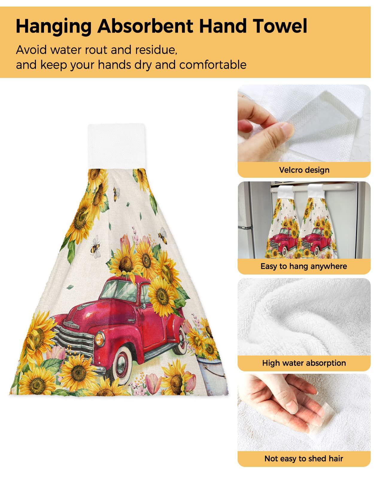Jolunifun Spring Red Truck Bee Floral Kitchen Hand Towels with Hanging Loops,Super Soft Fingertip Dry Microfiber Tie Dish Towel Absorbent Cleaning Washcloth for Bathroom,Kitchen Summer Sunflower Sunshine Flower