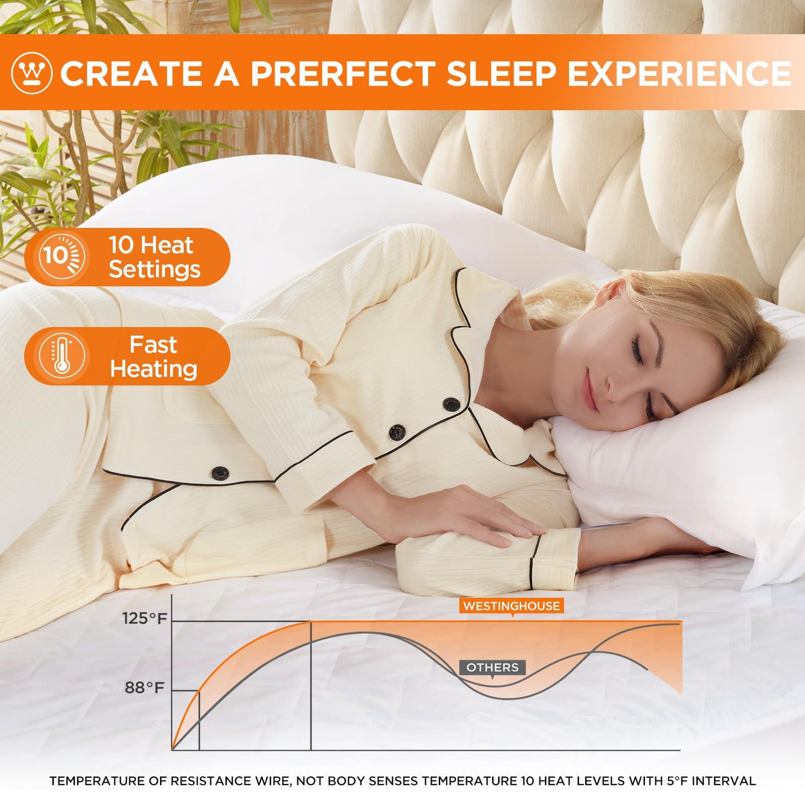 Westinghouse Westinghouse Heated Mattress Pad Queen, Comfortable Electric Mattress Pad with 10 Heating Settings & 1-12 Hours Auto Shut Off, Fit Up to 17\" Deep Pocket, Queen Size 60\"x80\"
