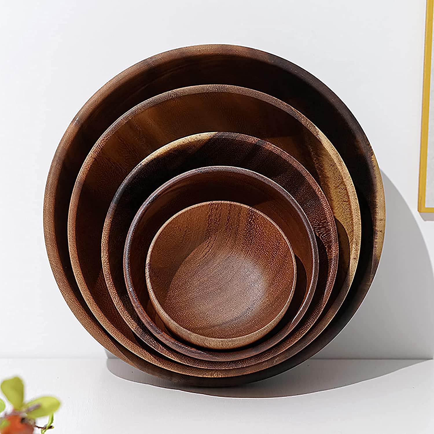 Junorstar Bowl Household Rice Bowl Ramen Bowl Tableware Wood Bowl with Servers Set, Wooden Salad Bowl Set of 5, Individual Bowls for Food And Snacks, Salads, Pasta, Acacia Hardwood Dinnerware Set,Brown