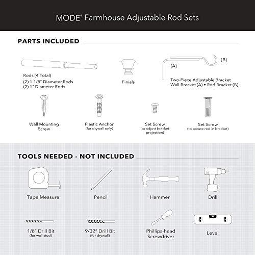 MODE MODE Farmhouse Collection 1 1/8" Diameter Curtain Rod Set with Cottage Square Curtain Rod Finials and Steel Wall Mounted Adjustable Curtain Rod, Fits 72 to 144 Windows, Weathered Black