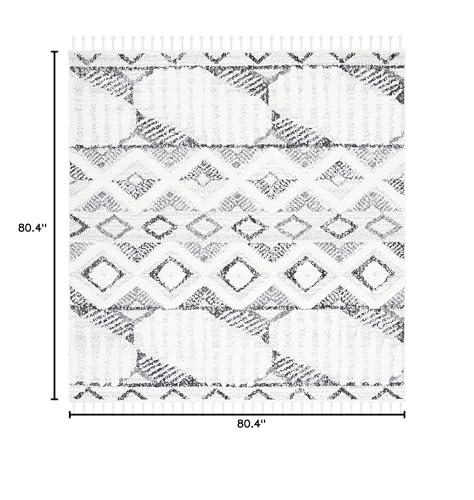 Safavieh SAFAVIEH Moroccan Tassel Shag Collection Area Rug - 6'7" Square, Ivory & Grey, 2-inch Thick Ideal for High Traffic Areas in Living Room, Bedroom (MTS618A)