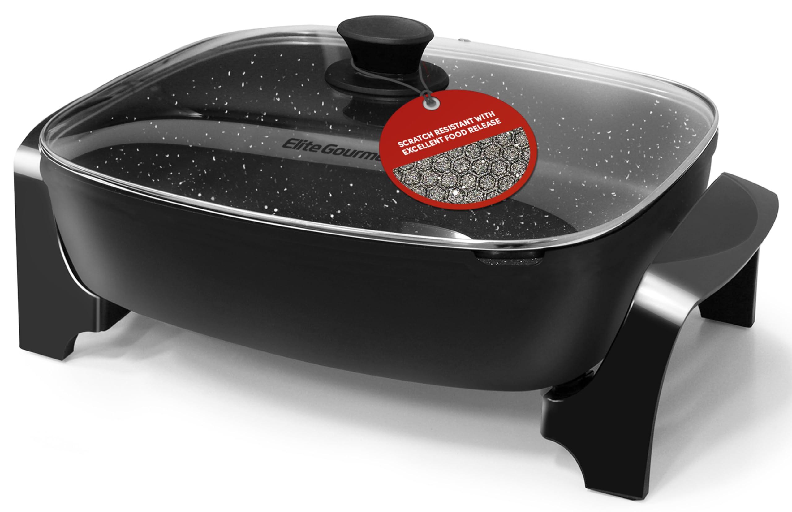Elite Gourmet Elite Gourmet EG6203 Extra Deep 16"x13"x3.2" (10.5Qt.) Scratch Resistant, Easy Pour Spout, Dishwasher Safe, Non-stick Electric Skillet with Vented Glass Lid, Adjustable Temperature, Black