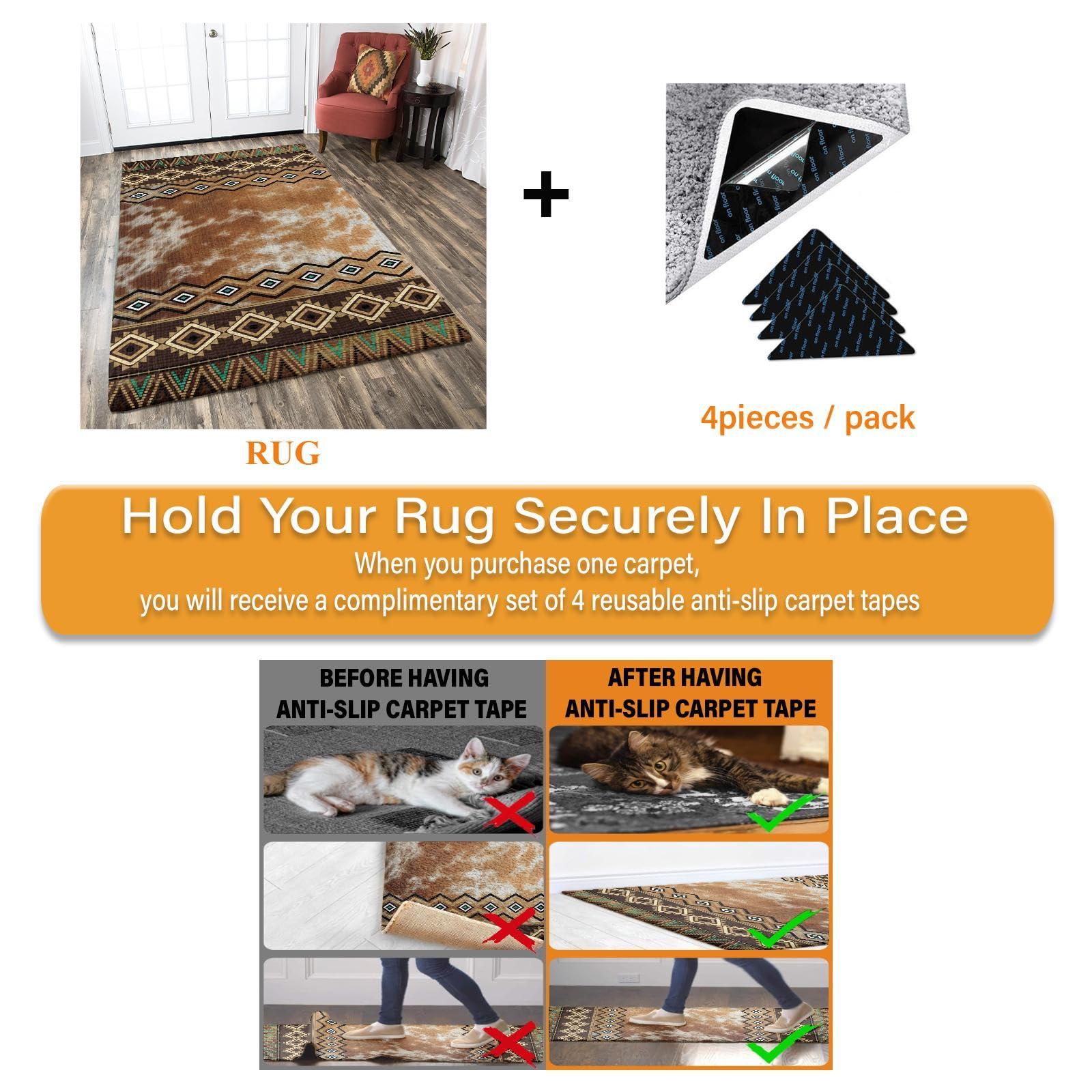 DECORAISES Combo Southwest Area Rug and Non-Slip Rug Tape for Timeless Home Decor in Kitchen, Living Room, Bedroom 4X6 ft, Western Cowboy Riding with Texas Star Panel Art - Southwestern Rug - Aztec rug CC01