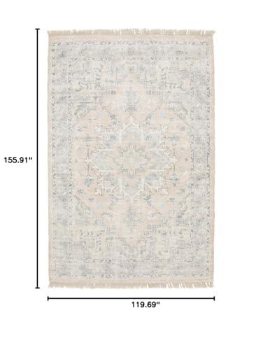 HomeRoots 10' X 13' Beige and Grey Oriental Hand Loomed Stain Resistant Area Rug with Fringe