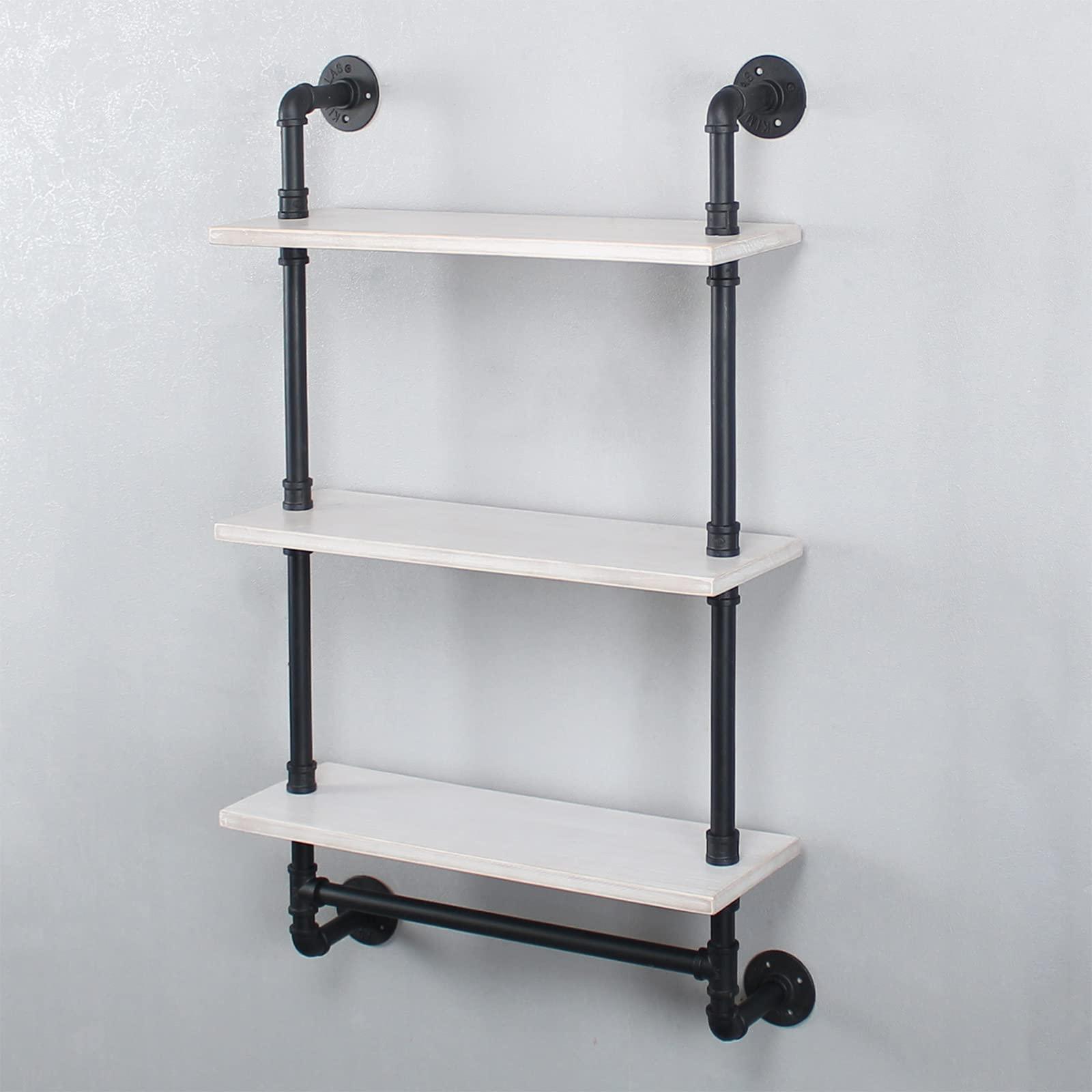 MBQQ Industrial Pipe Shelving,Iron Pipe Shelves Industrial Bathroom Shelves with Towel bar,24in Rustic Metal Pipe Floating Shelves Pipe Wall Shelf,3 Tier Industrial Shelf Wall Mounted,Black & White