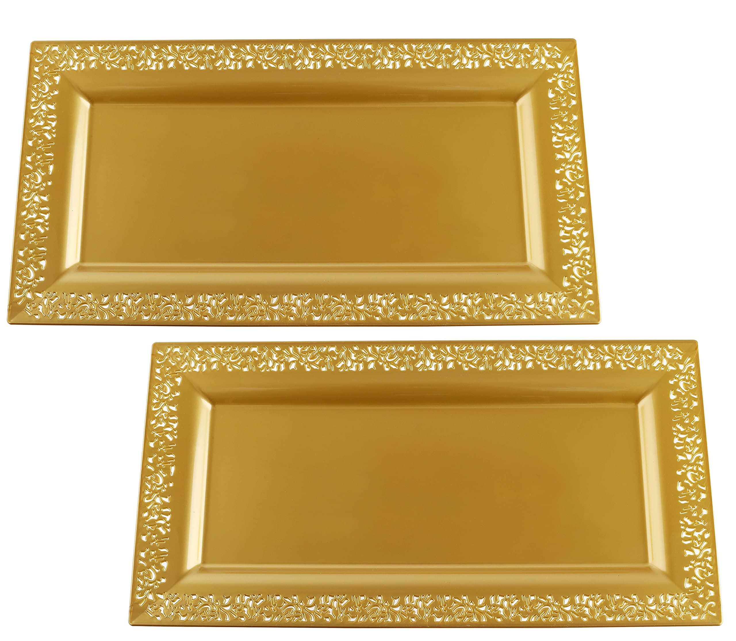 Yumchikel Decorative Plastic Serving Tray & Platter Set (2pk) - Gold Disposable Party Trays & Platters for Food - Weddings, Upscale Parties, Dessert Table, Cupcake Display - 14\"x7.5\" inches-Yumchikel