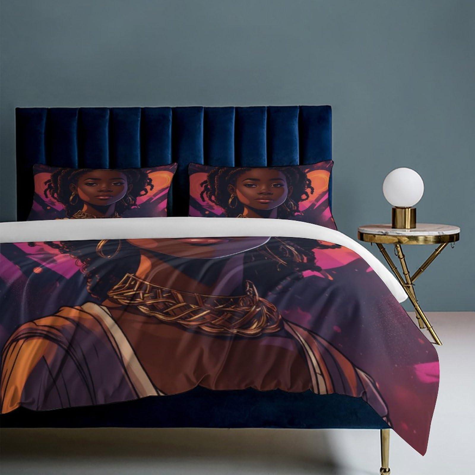 ZGDPBYF ZGDPBYF Melanin Princess African American Comforter Set Black Girl Quilt Bedding Set Full -1 Duvet Cover & 2 Pillowcases(No Comforter) 79\"X97\"