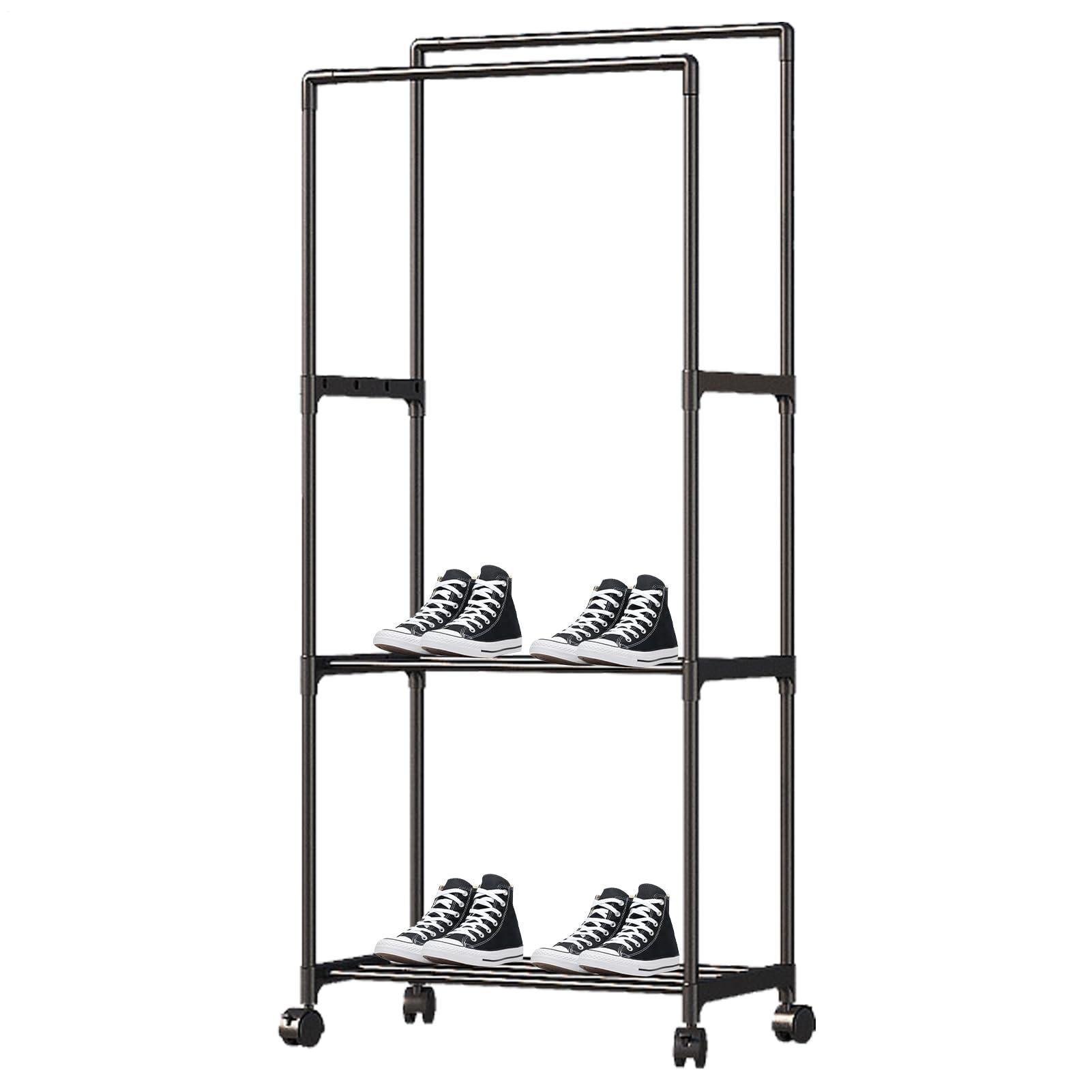 Libaroud Double Rods Clothing Rack with Wheels, Rolling Hanging Clothes Rack, Multi-functional Bedroom Clothes Rack for Bedroom, Living Room, Clothing Store